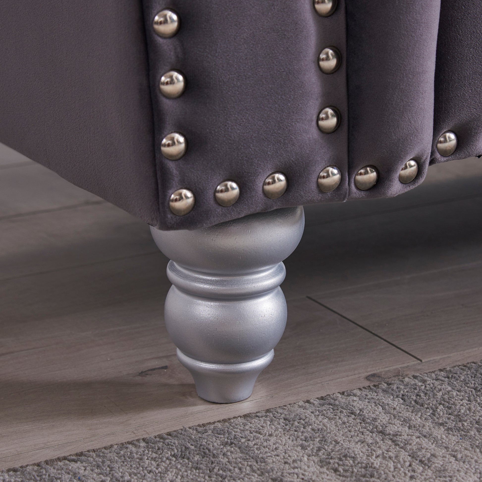 3 Piece Living Room Sofa Set, Including 3 Seater Sofa, Loveseat And Sofa Chair, With Button And Copper Nail On Arms And Back, Five White Villose Pillow, Grey. Grey Velvet