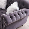 3 Piece Living Room Sofa Set, Including 3 Seater Sofa, Loveseat And Sofa Chair, With Button And Copper Nail On Arms And Back, Five White Villose Pillow, Grey. Grey Velvet