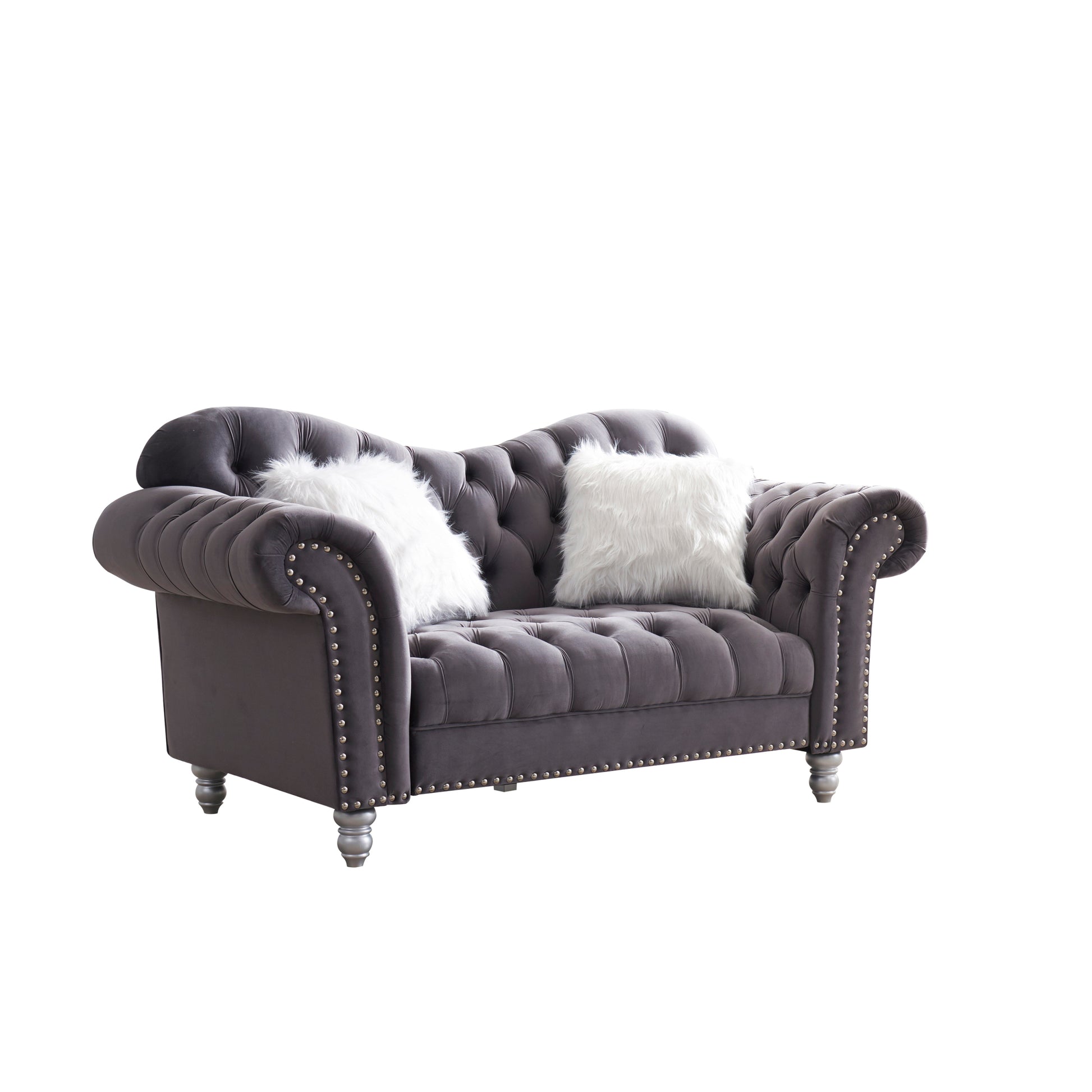 3 Piece Living Room Sofa Set, Including 3 Seater Sofa, Loveseat And Sofa Chair, With Button And Copper Nail On Arms And Back, Five White Villose Pillow, Grey. Grey Velvet