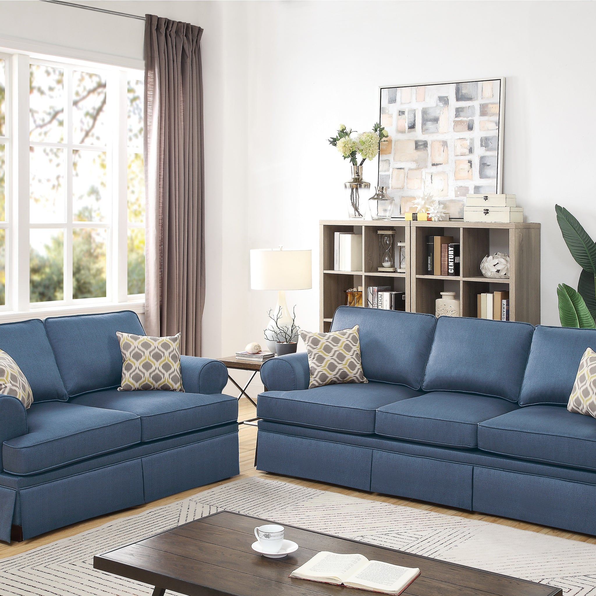 2Pc Sofa Set Sofa And Loveseat Living Room Furniture Blue Glossy Polyfiber Cushion Couch Blue Primary Living Space Cushion Back Modern Rolled Arms Fabric 5 Seat