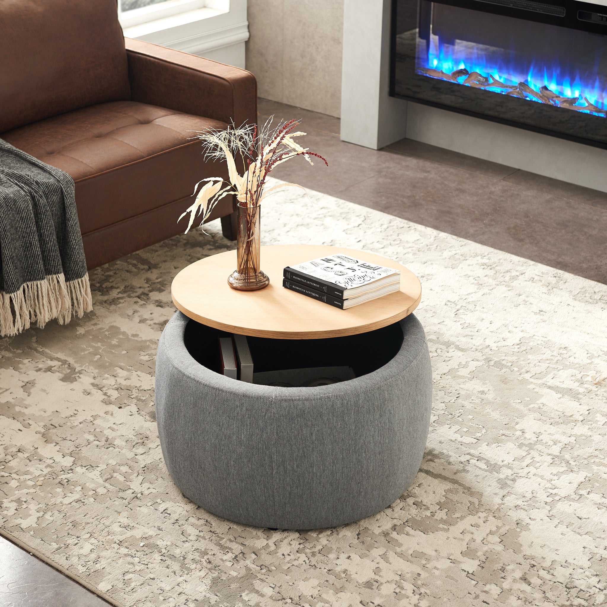 Round Storage Ottoman, 2 In 1 Function, Work As End Table And Ottoman, Dark Grey 25.5"X25.5"X14.5" Dark Grey Mdf
