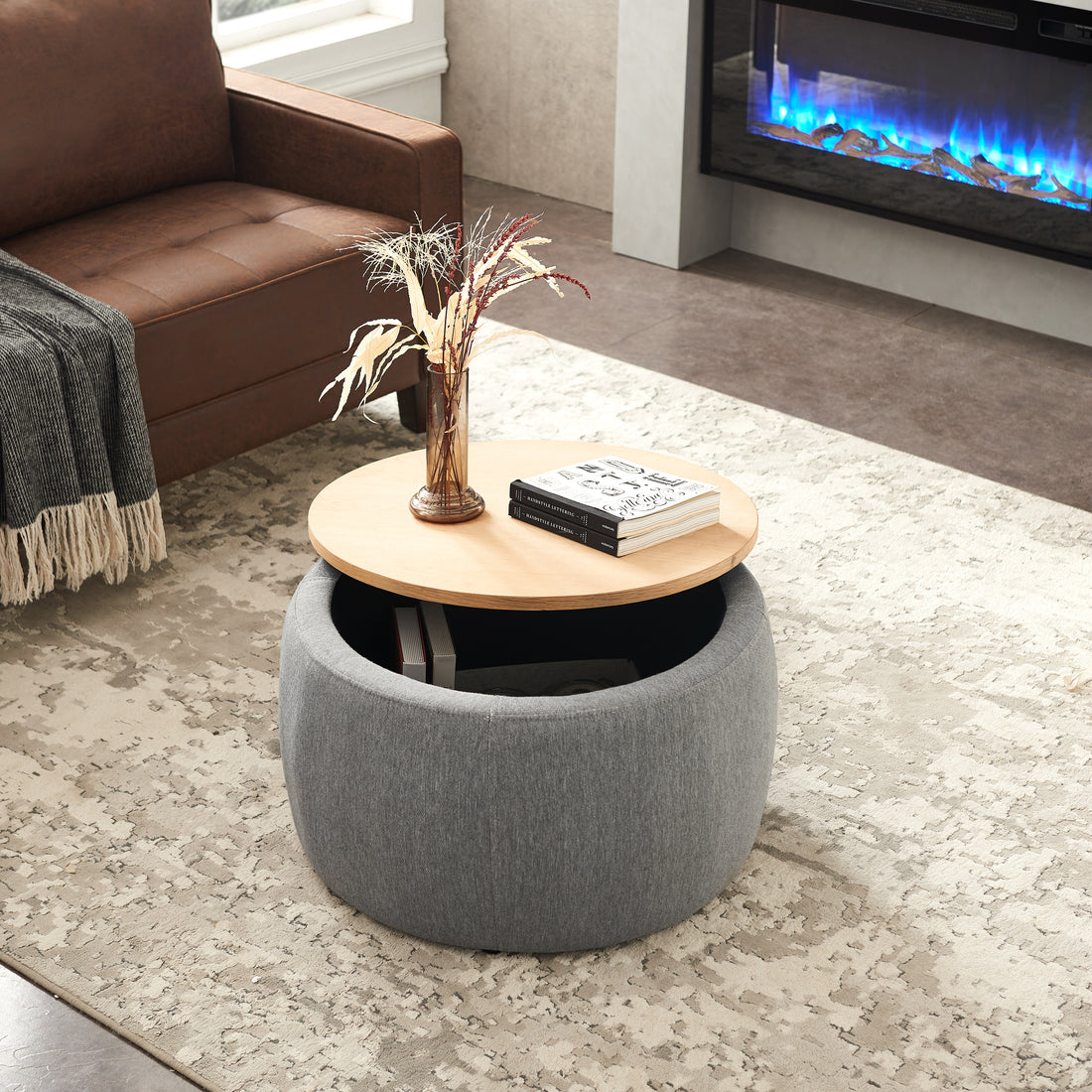 Round Storage Ottoman, 2 In 1 Function, Work As End Table And Ottoman, Dark Grey 25.5"X25.5"X14.5" Dark Grey Mdf