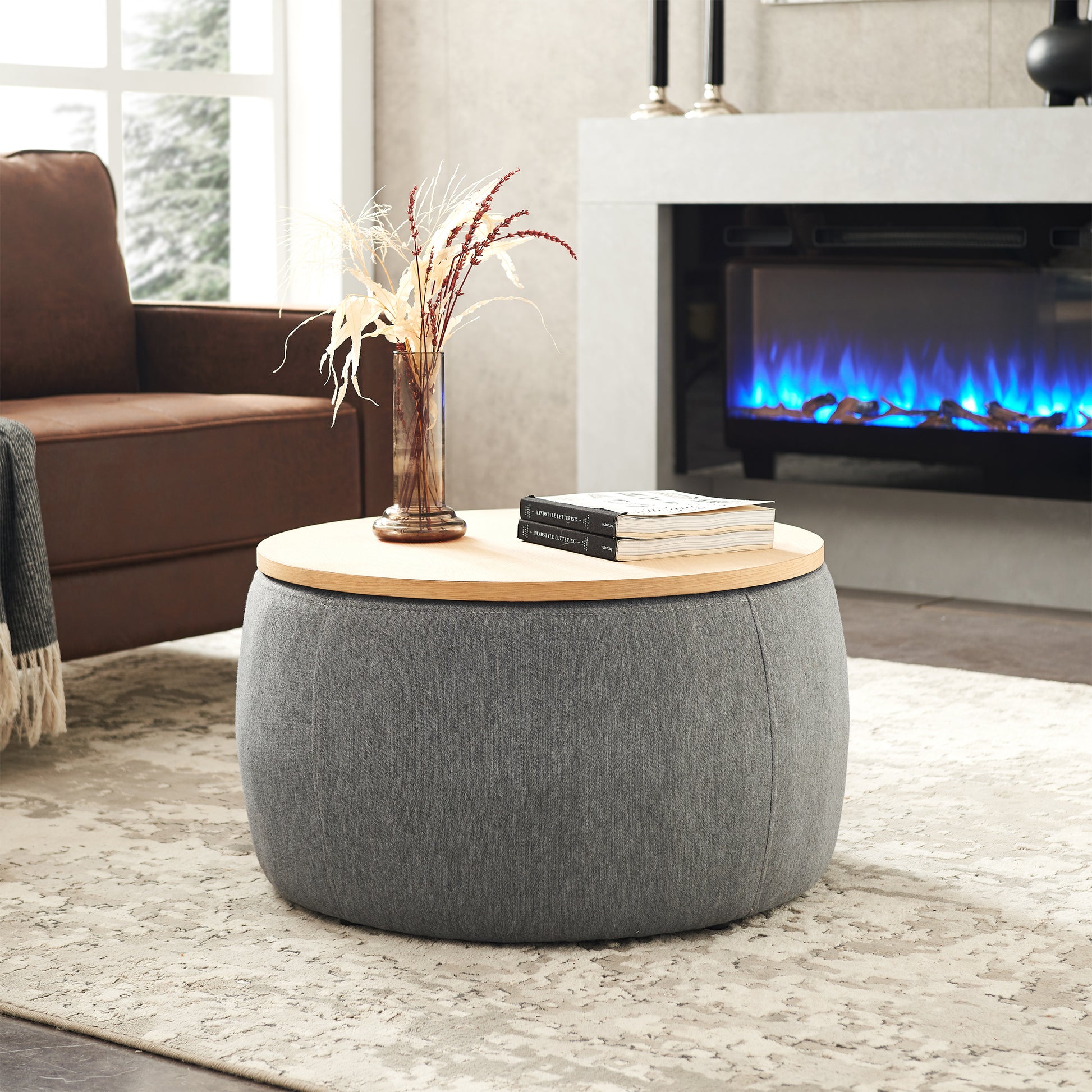 Round Storage Ottoman, 2 In 1 Function, Work As End Table And Ottoman, Dark Grey 25.5"X25.5"X14.5" Dark Grey Mdf