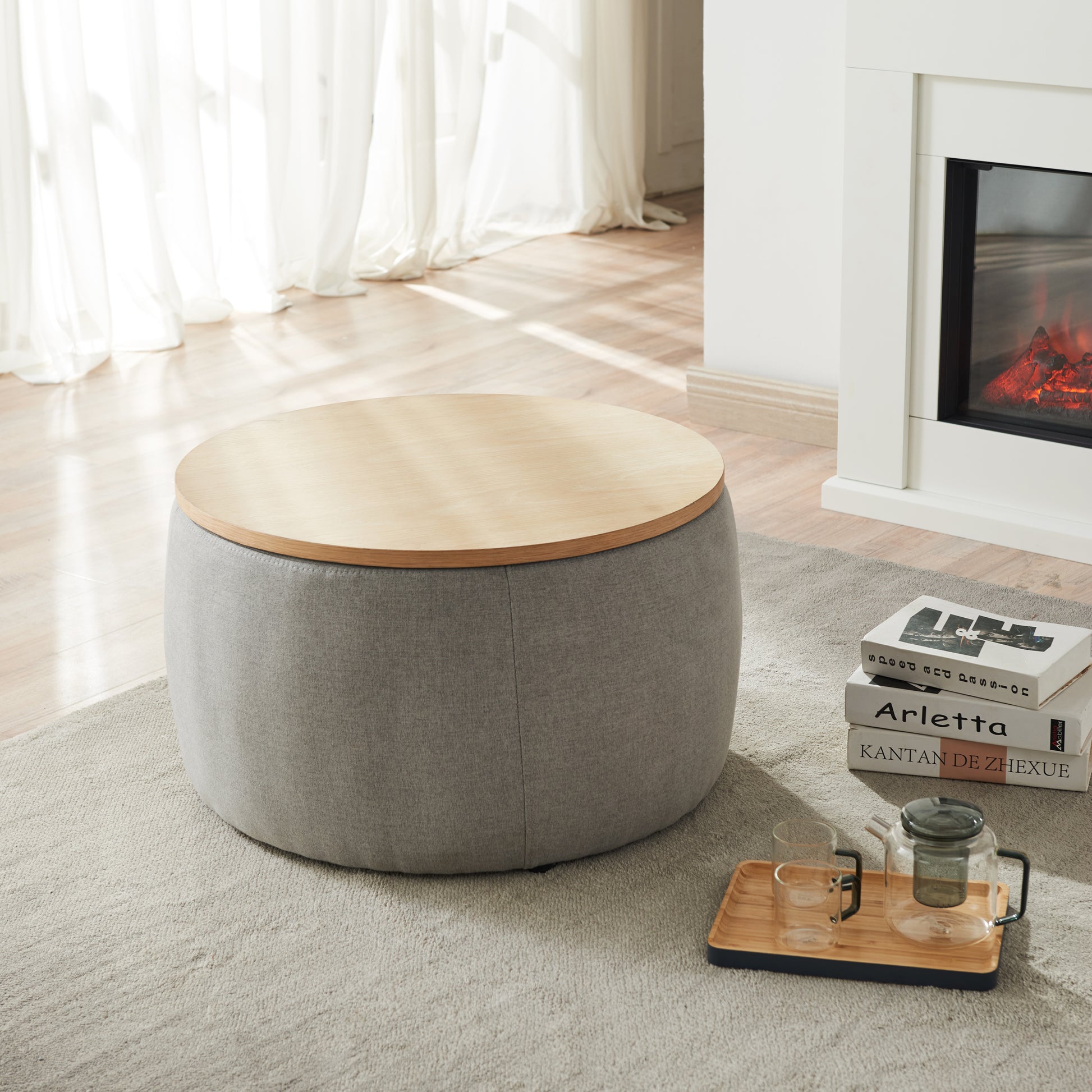 Round Storage Ottoman, 2 In 1 Function, Work As End Table And Ottoman, Dark Grey 25.5"X25.5"X14.5" Dark Grey Mdf