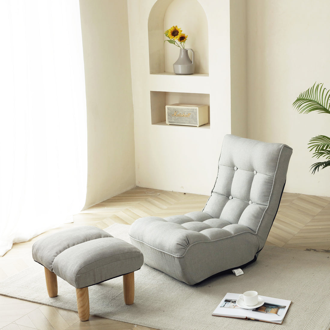 Lazy Sofa Balcony Leisure Chair Bedroom Sofa Chair Foldable Reclining Chair Leisure Single Sofa Functional Chair Cement Grey Linen Linen