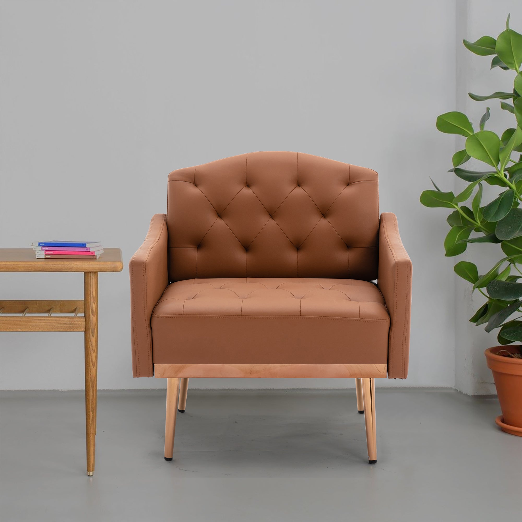 Coolmore Modern Accent Chair With Arms, Tufted Decorative Fabric Armchair With Gold Metal Legs, Upholstered Reading Chair For Living Room Bedroom Office Brown Pu Brown Pu Foam Metal