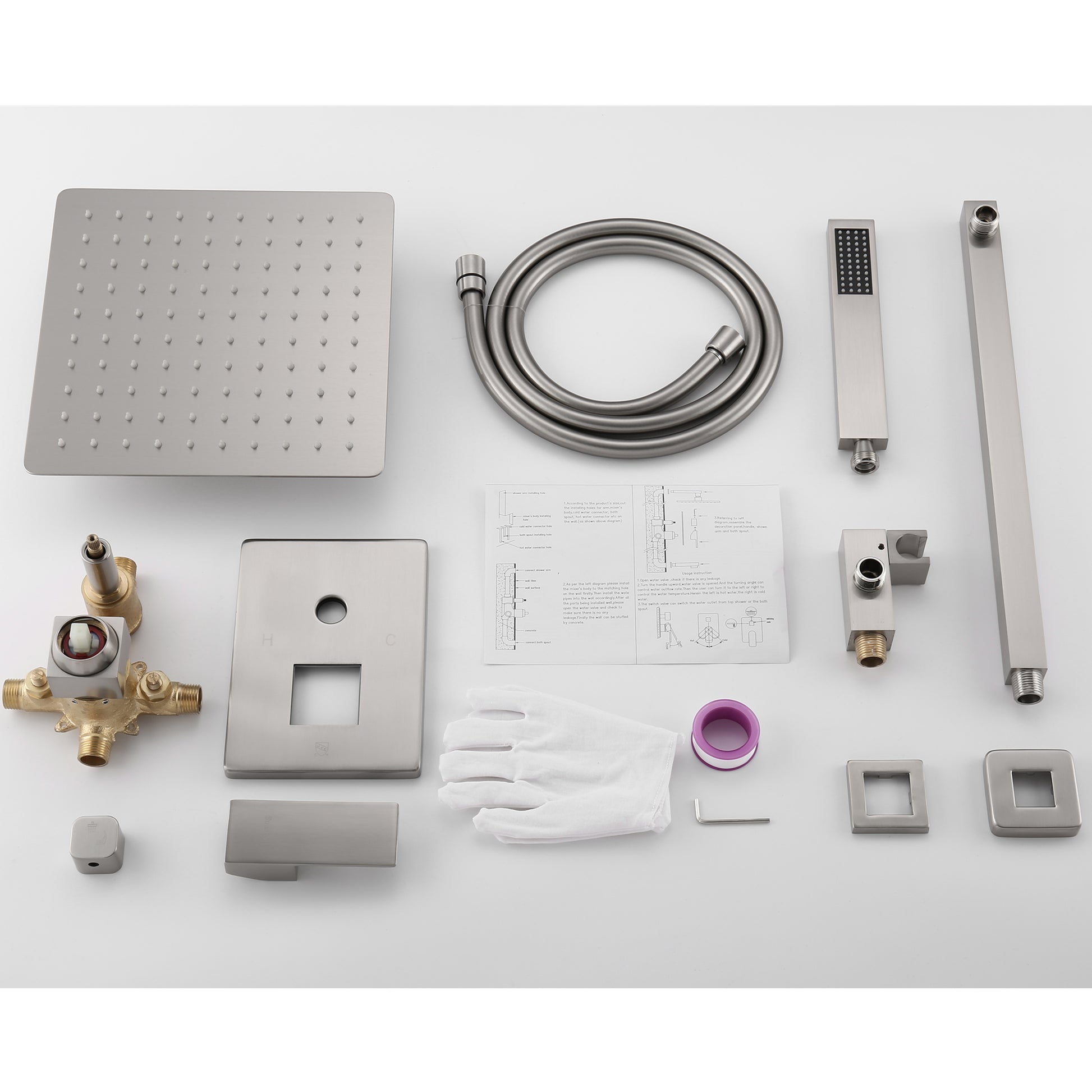 Trustmade Wall Mounted Square Rainfall Pressure Balanced Complteted Shower System With Rough In Valve, 10 Inches Matte Black 2W02 Cement Grey Stainless Steel