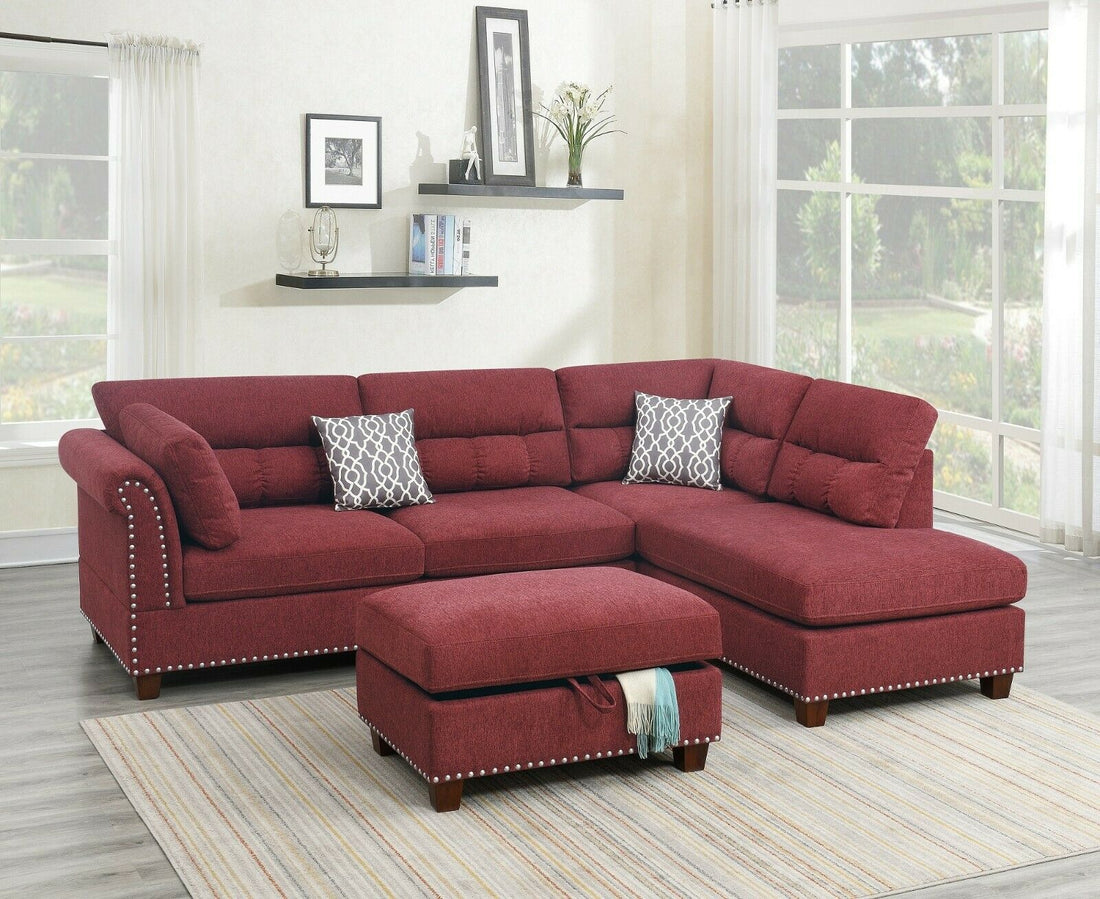 Sectional Sofa Red Velvet #F6419 Red Fabric 4 Seat