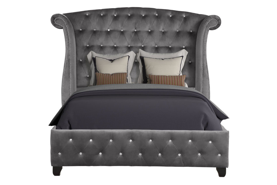 Sophia Modern Style Crystal Tufted Queen Bed Made With Wood In Gray Box Spring Not Required Queen Gray Wood Bedroom Contemporary,Modern Acacia Upholstered Velvet Wood