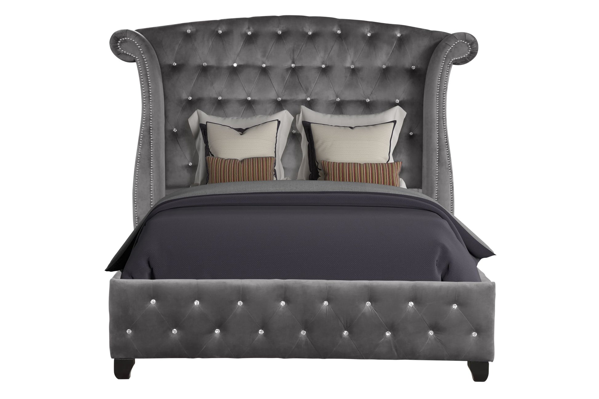 Sophia Modern Style Crystal Tufted Queen Bed Made With Wood In Gray Box Spring Not Required Queen Gray Wood Bedroom Contemporary,Modern Acacia Upholstered Velvet Wood
