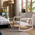Solid Wood Linen Fabric Antique White Wash Painting Rocking Chair With Removable Lumbar Pillow Beige Foam Linen