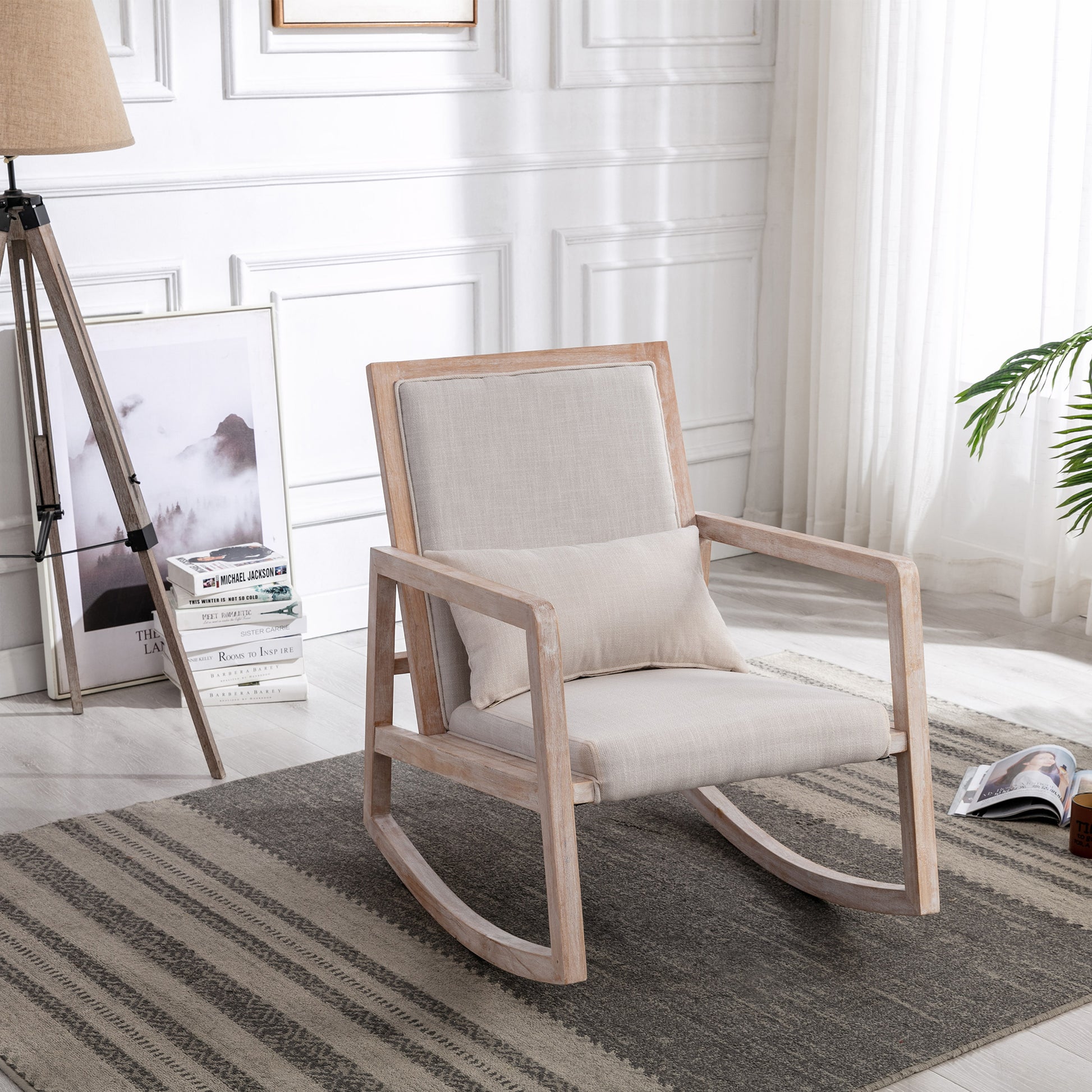 Solid Wood Linen Fabric Antique White Wash Painting Rocking Chair With Removable Lumbar Pillow Beige Foam Linen
