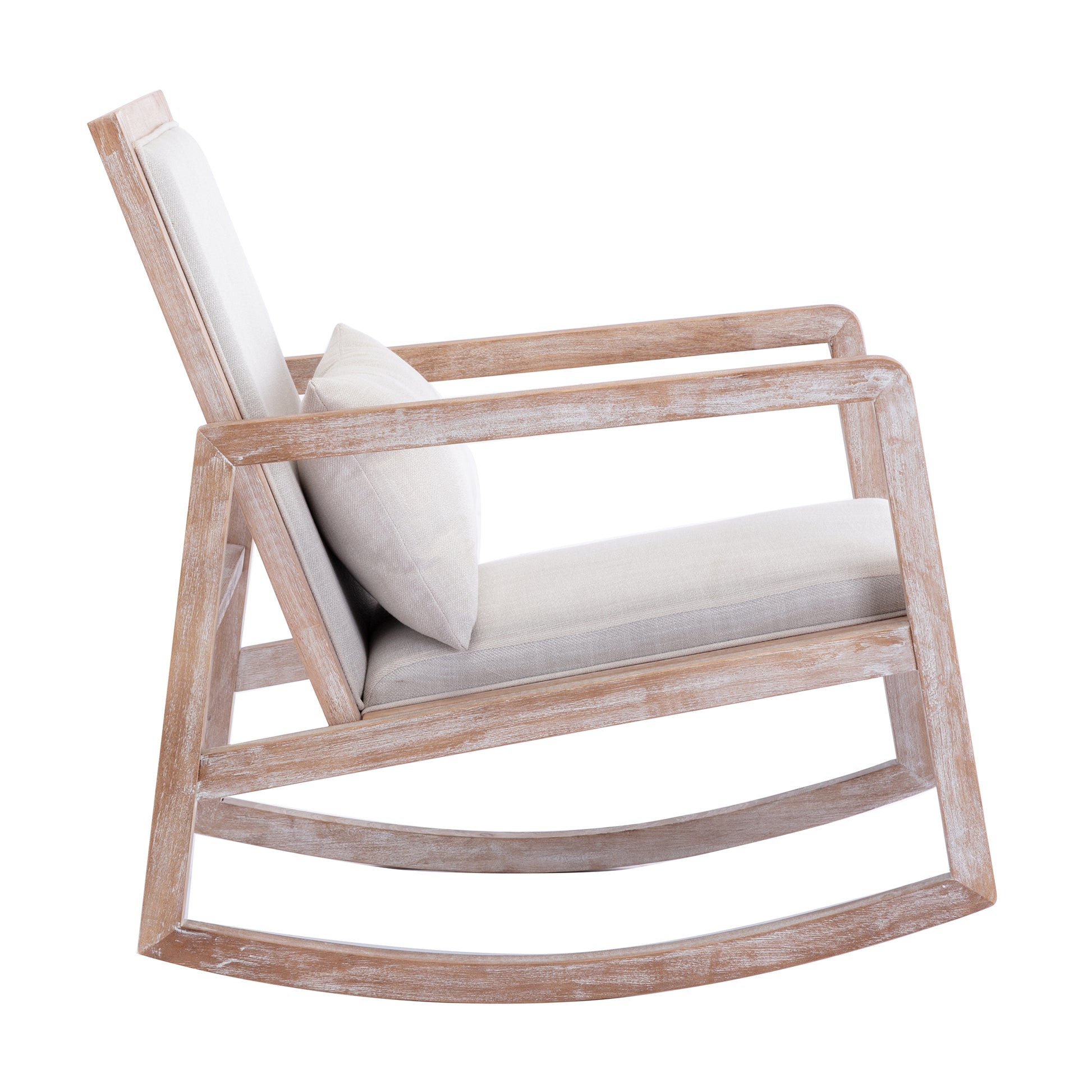 Solid Wood Linen Fabric Antique White Wash Painting Rocking Chair With Removable Lumbar Pillow Beige Foam Linen