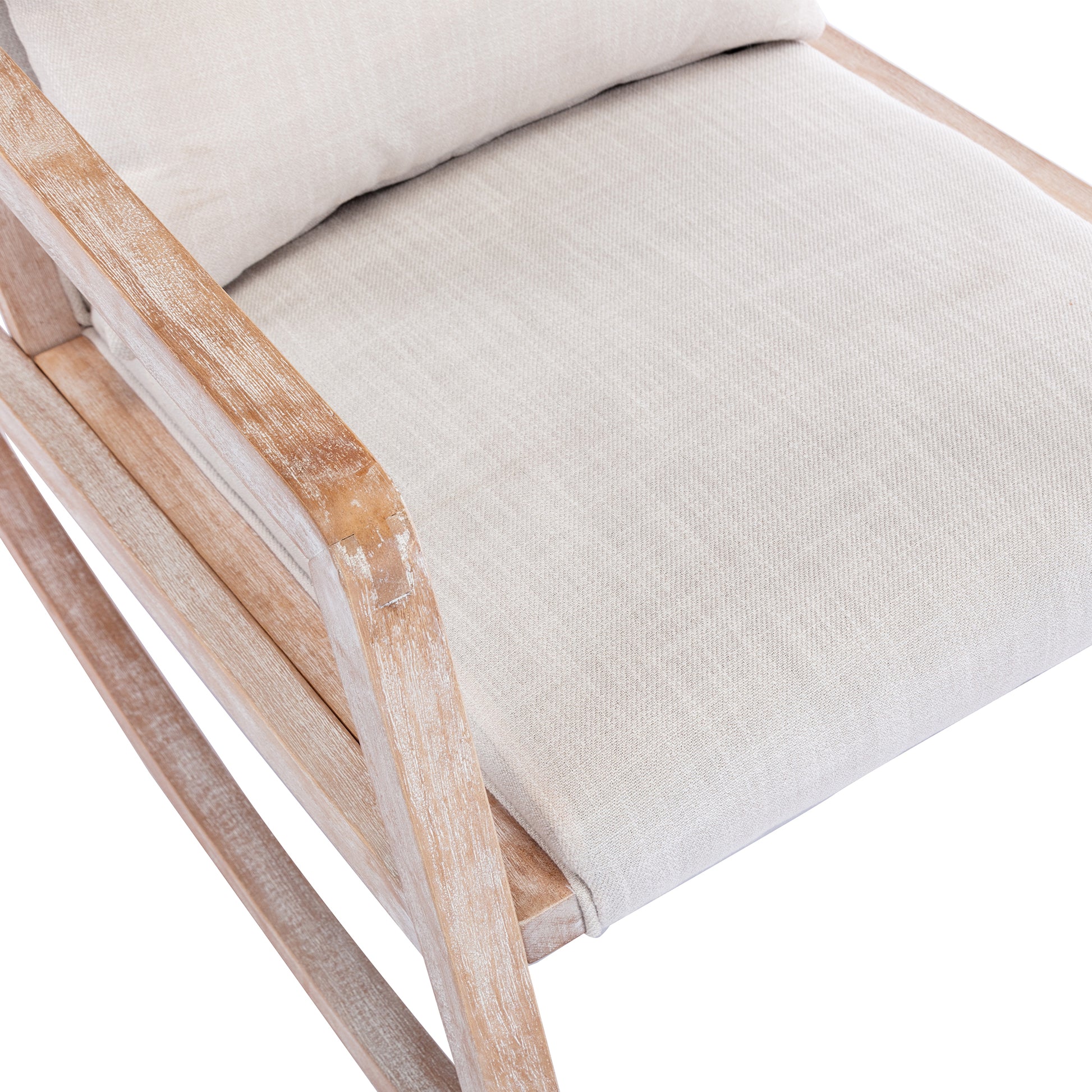 Solid Wood Linen Fabric Antique White Wash Painting Rocking Chair With Removable Lumbar Pillow Beige Foam Linen