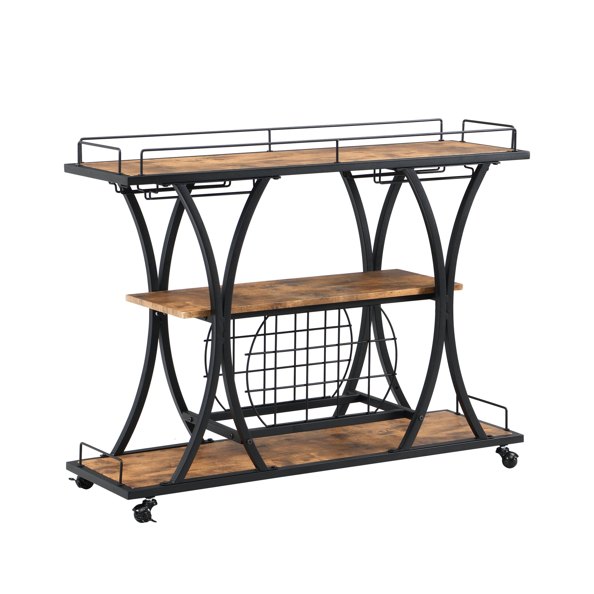 Industrial Bar Cart Kitchen Bar&Serving Cart For Home With Wheels 3 Tier Storage Shelves Black Mdf Metal