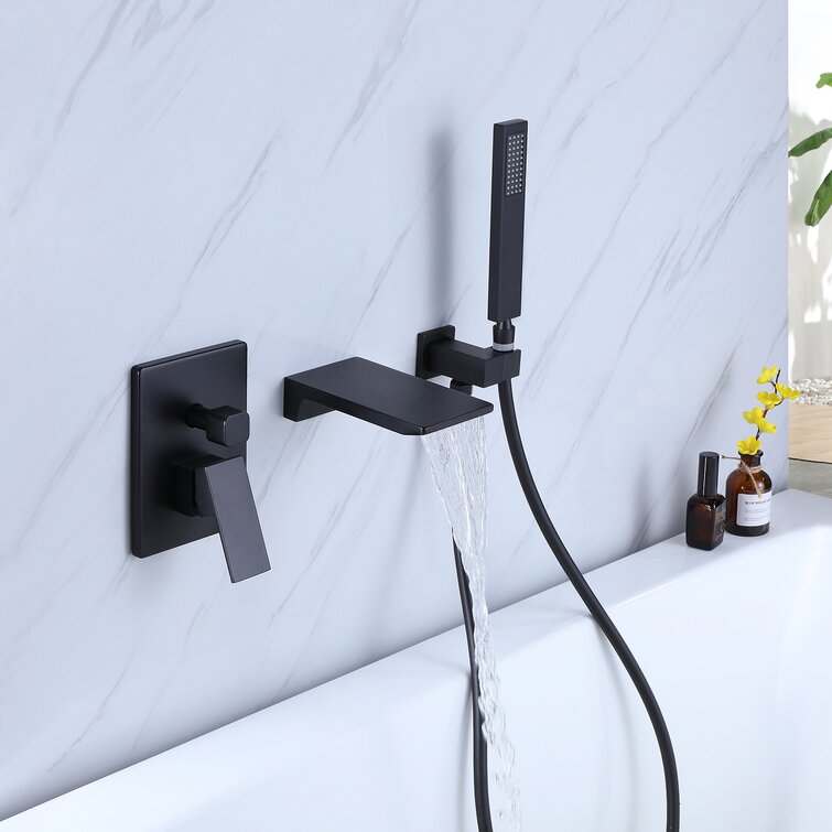 Wall Mount Tub Faucet Matte Black, Waterfall Wall Mount Tub Filler Faucet With Handheld Shower Brass, Bathtub Faucet Waterfall Spout High Flow Matte Black Brass