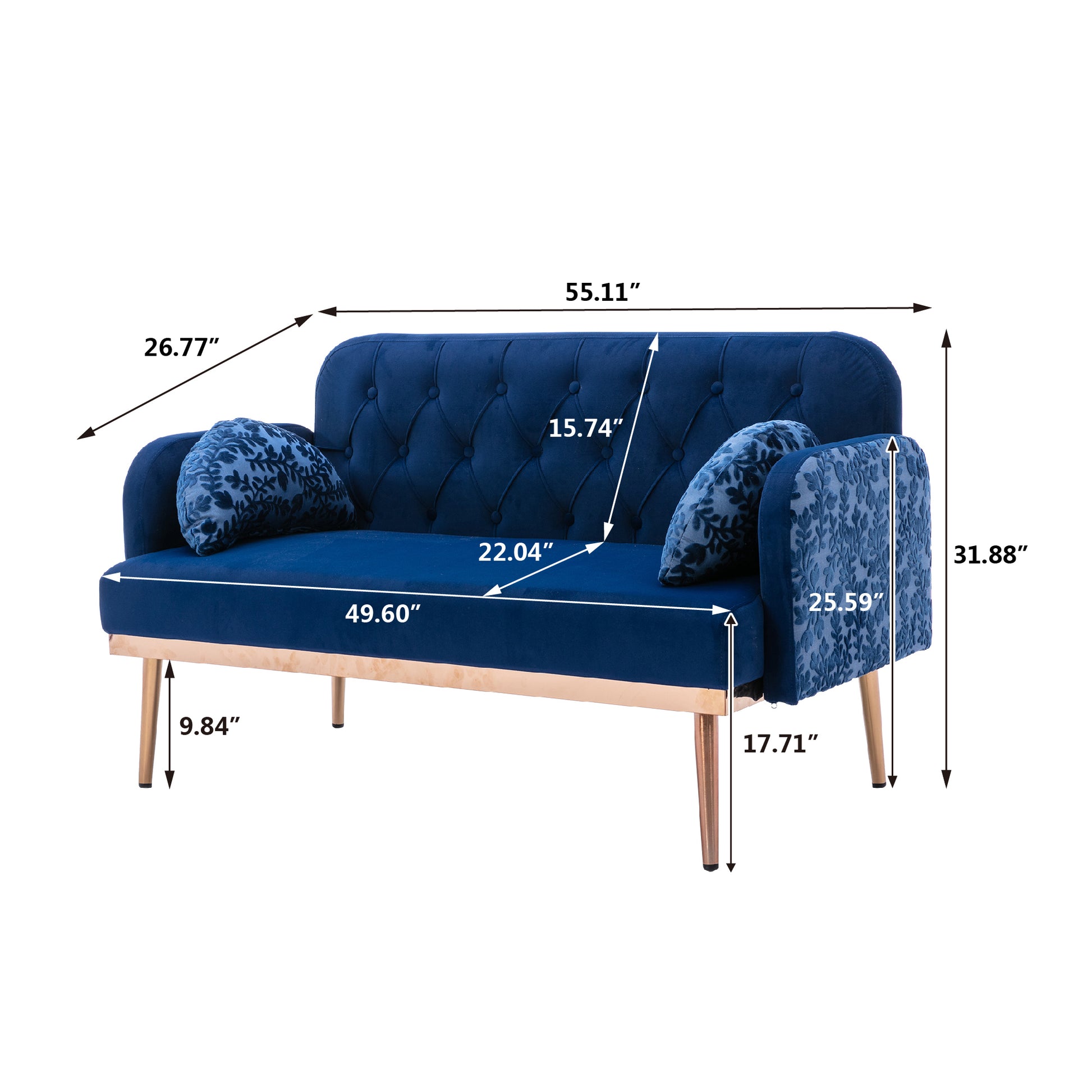 Coolmore Modern Velvet Loveseat Sofacomfy Upholstered 2 Seater Sofa With Gold Metal Legs, Small Loveseat Accent Couch For Living Bedroom Leisure Areas Navy Velvet Navy Foam Velvet 2 Seat