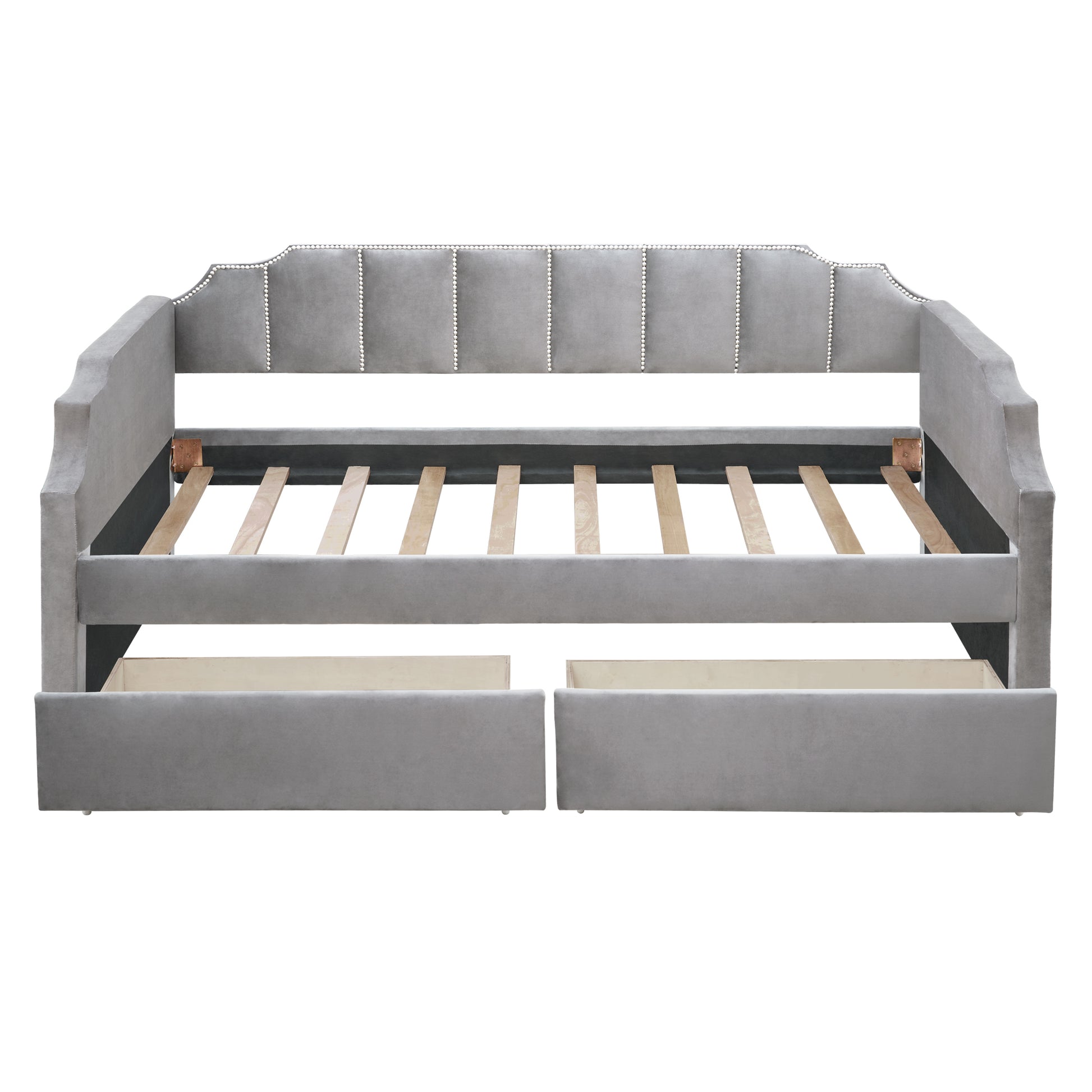 Twin Size Upholstered Daybed With Drawers, Wood Slat Support, Gray Gray Velvet