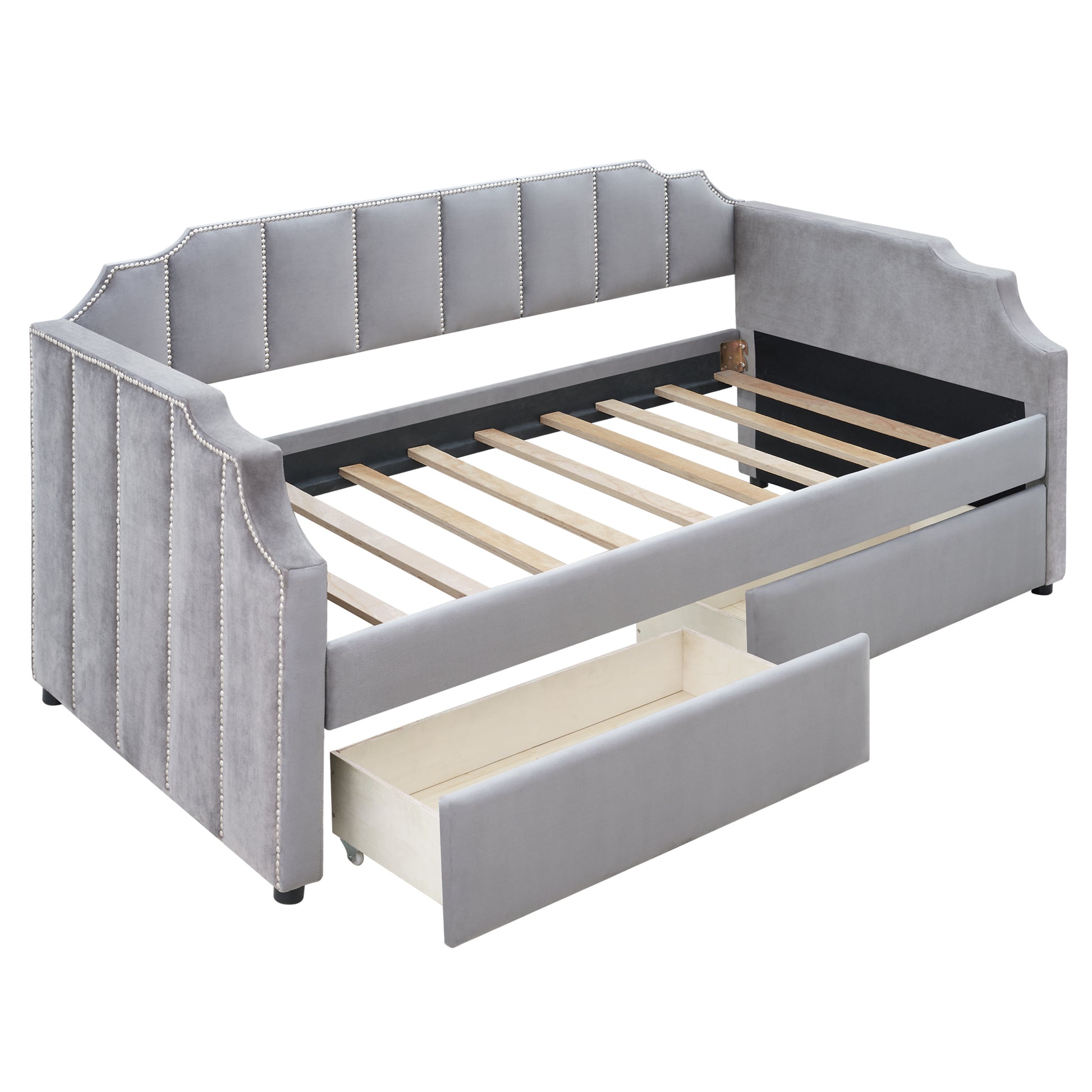 Twin Size Upholstered Daybed With Drawers, Wood Slat Support, Gray Gray Velvet
