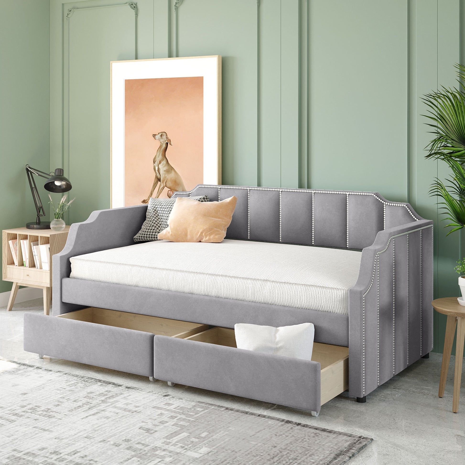 Twin Size Upholstered Daybed With Drawers, Wood Slat Support, Gray Gray Velvet