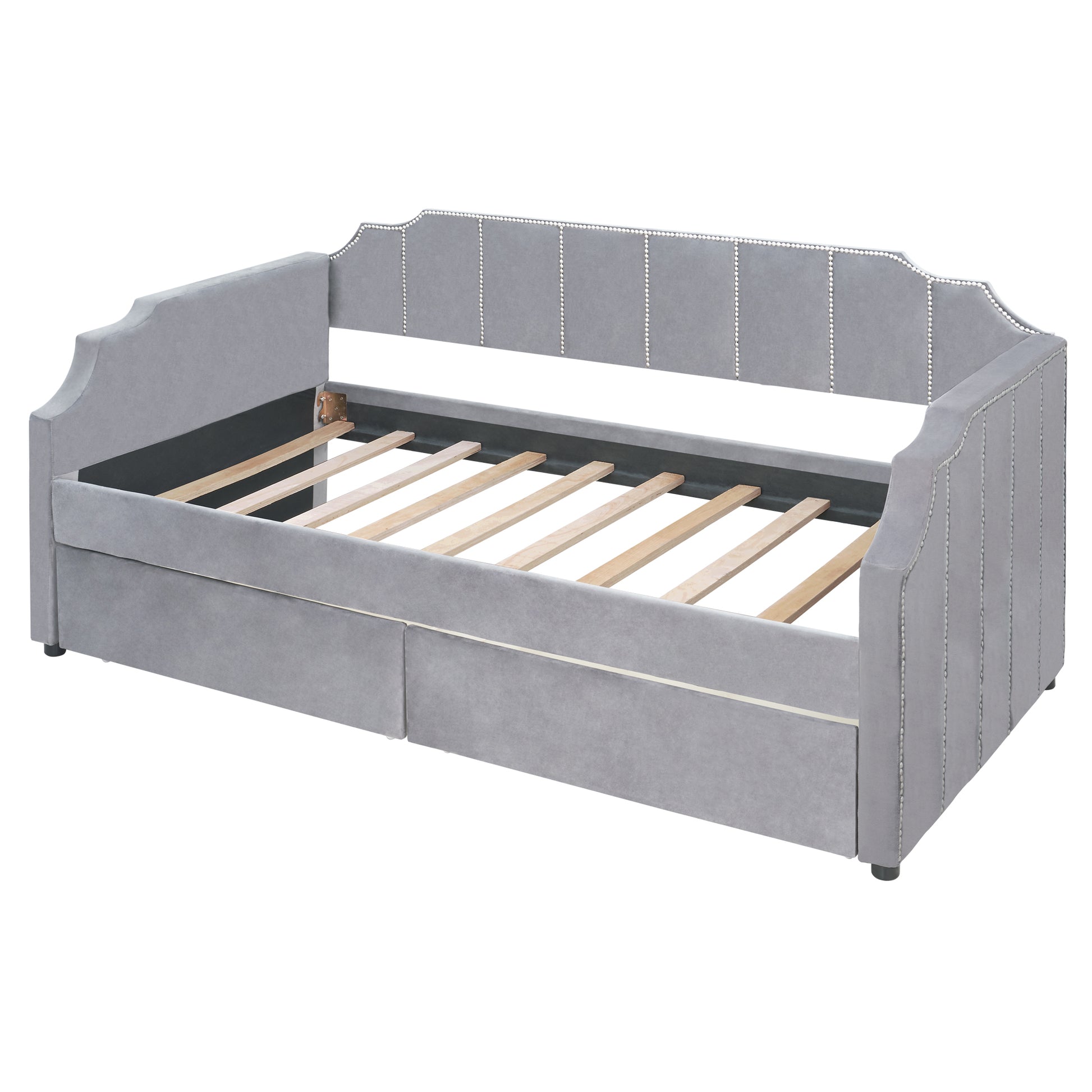 Twin Size Upholstered Daybed With Drawers, Wood Slat Support, Gray Gray Velvet