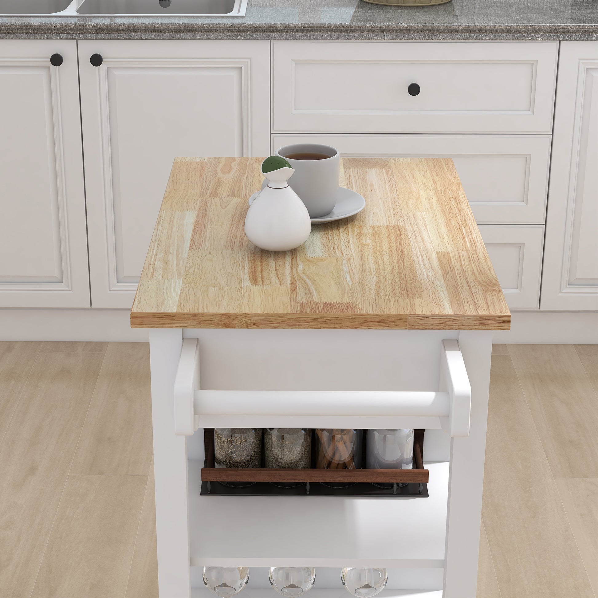 Kitchen Island Rolling Trolley Cart With Adjustable Shelves And Towel Rack Rubber Wood Table Top White Mdf
