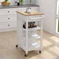 Kitchen Island Rolling Trolley Cart With Adjustable Shelves And Towel Rack Rubber Wood Table Top White Mdf