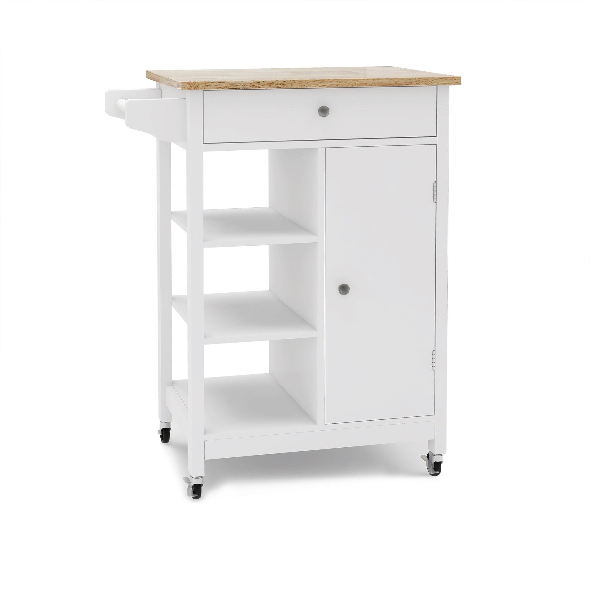 Kitchen Island Rolling Trolley Cart With Adjustable Shelves And Towel Rack Rubber Wood Table Top White Mdf