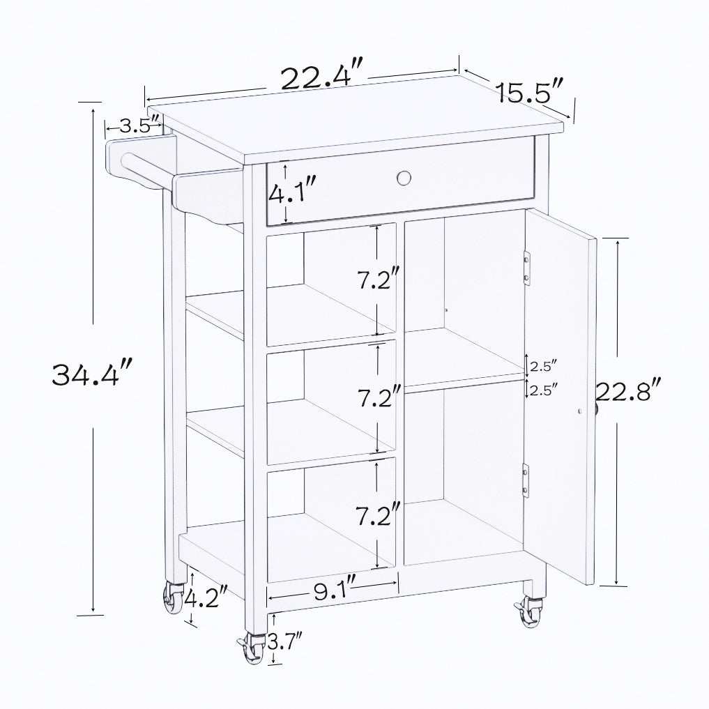 Kitchen Island Rolling Trolley Cart With Adjustable Shelves And Towel Rack Rubber Wood Table Top White Mdf