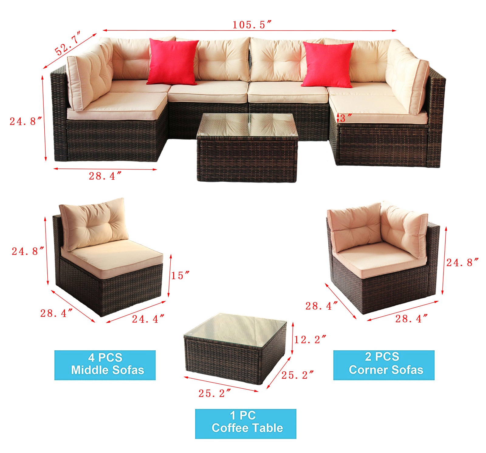 Patio Furniture Set Pe Rattan Sectional Garden Furniture Corner Sofa Set 7 Pieces, Shallow Browncushion Coffee Rattan