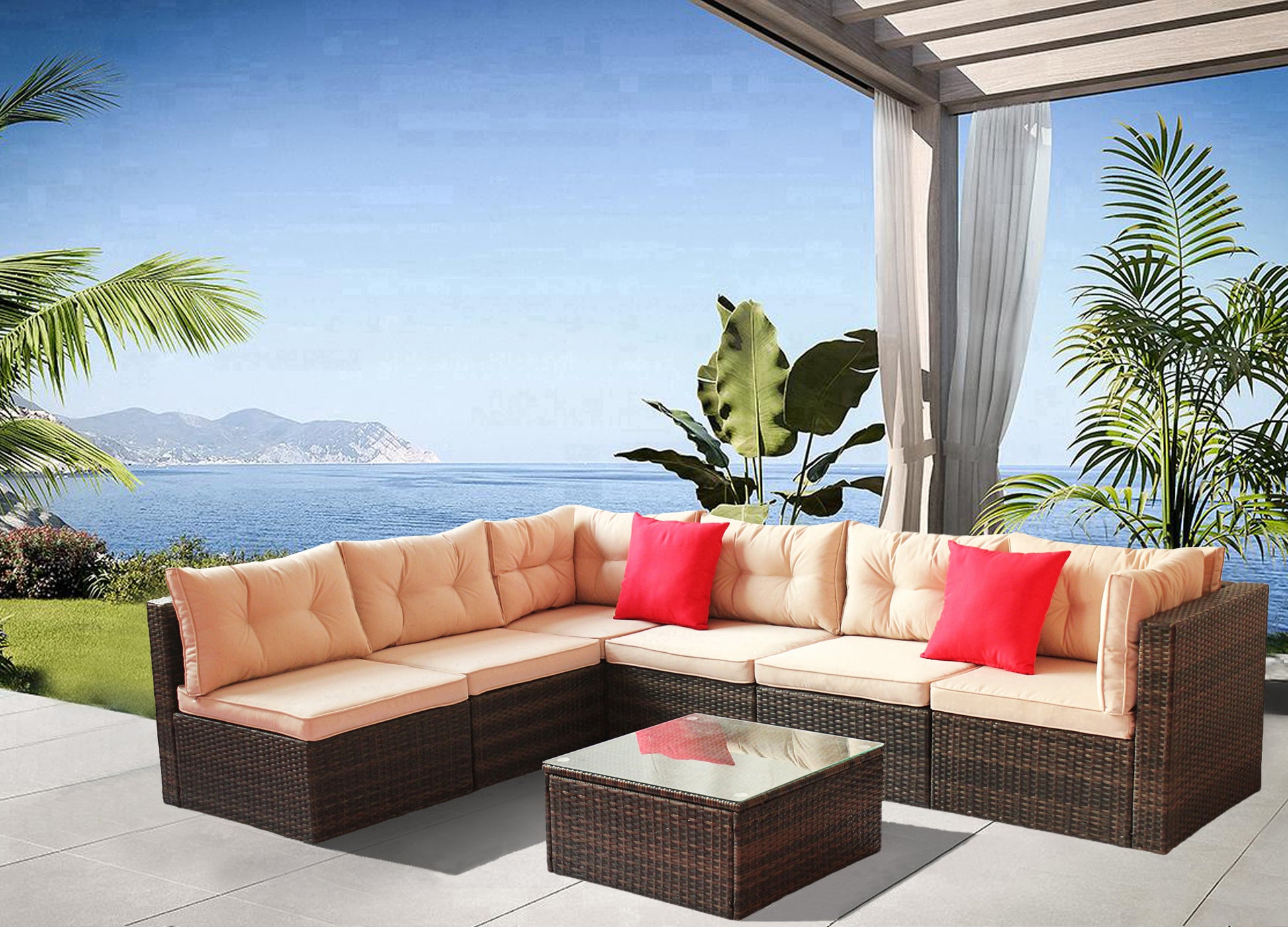 Patio Furniture Set Pe Rattan Sectional Garden Furniture Corner Sofa Set 7 Pieces, Shallow Browncushion Coffee Rattan