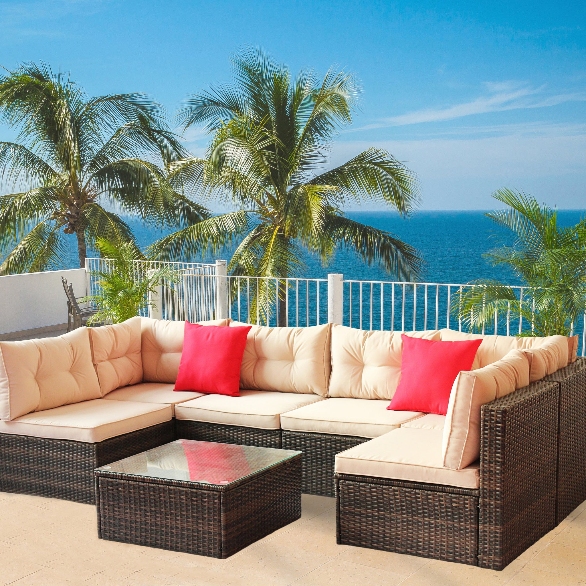 Patio Furniture Set Pe Rattan Sectional Garden Furniture Corner Sofa Set 7 Pieces, Shallow Browncushion Coffee Rattan
