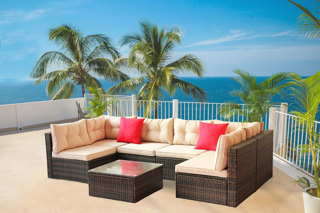 Patio Furniture Set Pe Rattan Sectional Garden Furniture Corner Sofa Set 7 Pieces, Shallow Browncushion Coffee Rattan