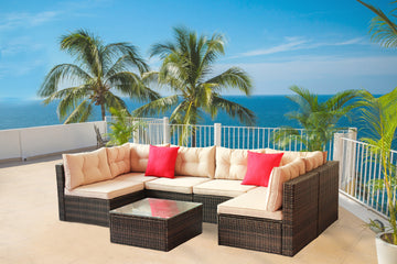Patio Furniture Set Pe Rattan Sectional Garden Furniture Corner Sofa Set 7 Pieces, Shallow Browncushion Coffee Rattan