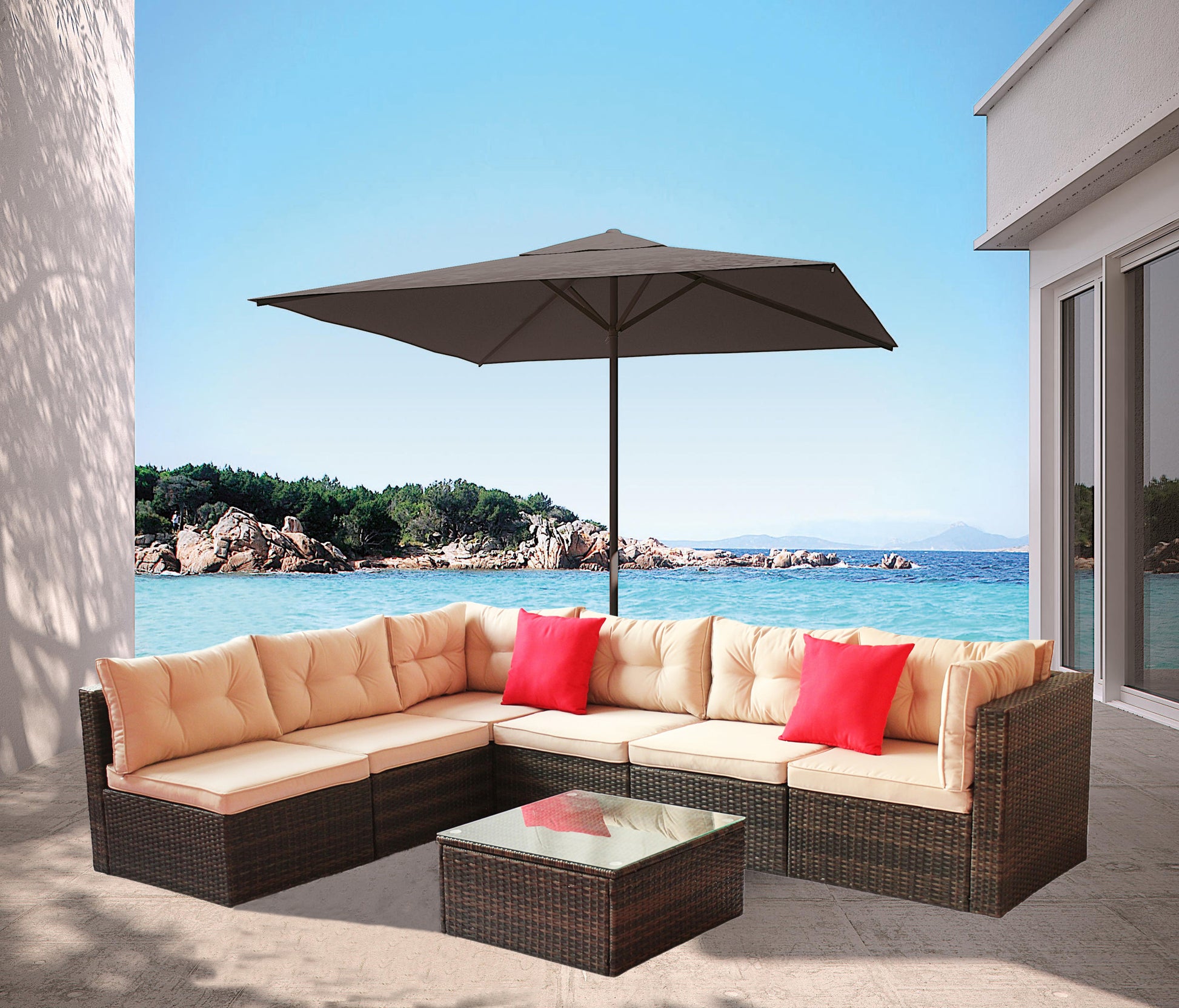 Patio Furniture Set Pe Rattan Sectional Garden Furniture Corner Sofa Set 7 Pieces, Shallow Browncushion Coffee Rattan