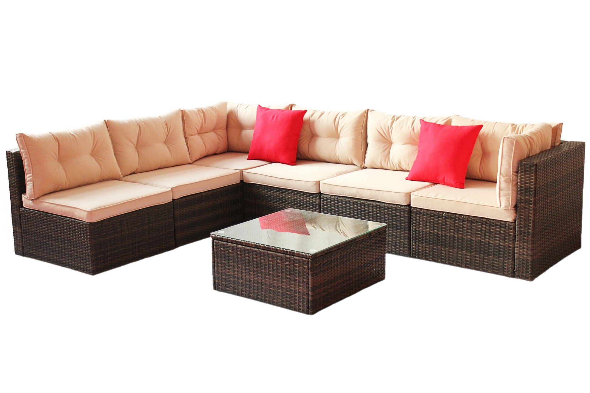 Patio Furniture Set Pe Rattan Sectional Garden Furniture Corner Sofa Set 7 Pieces, Shallow Browncushion Coffee Rattan