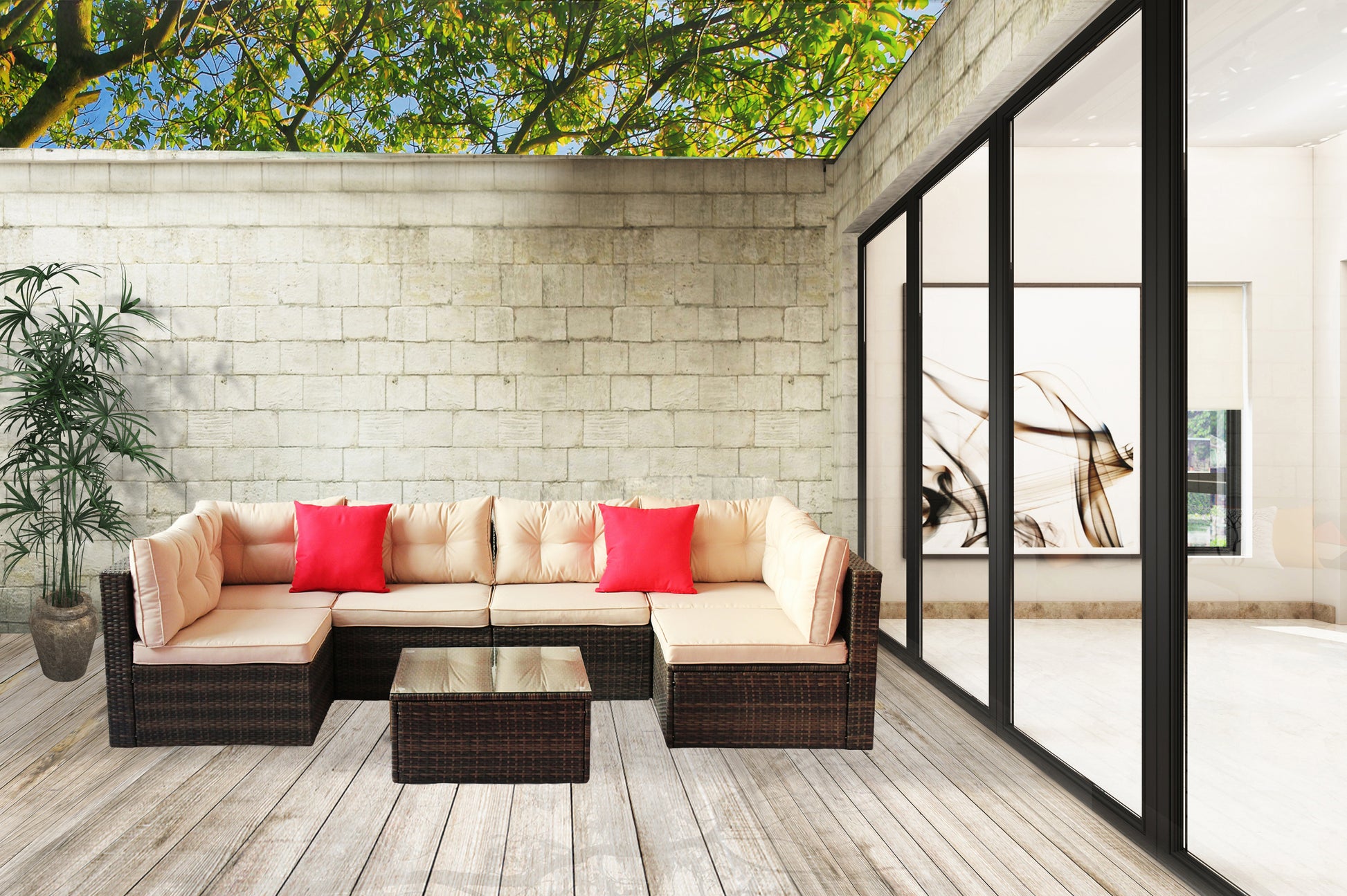 Patio Furniture Set Pe Rattan Sectional Garden Furniture Corner Sofa Set 7 Pieces, Shallow Browncushion Coffee Rattan