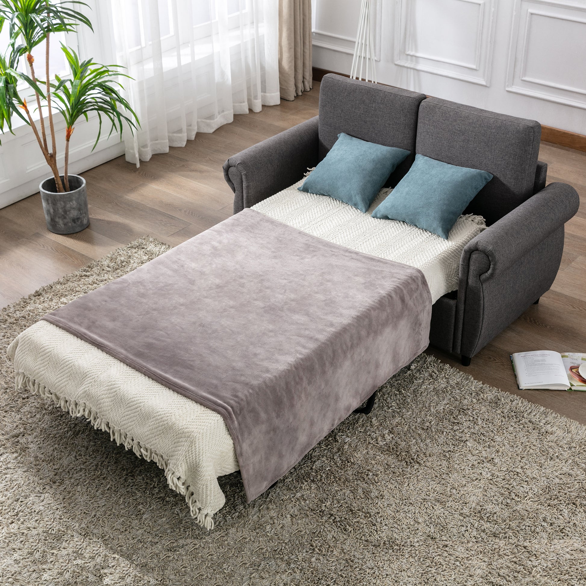57.5" Orisfur Pull Out Sofa Bed Loveseat Sleeper With Twin Size Memory Mattress For Living Room Spaces, Gray Gray Foam Linen