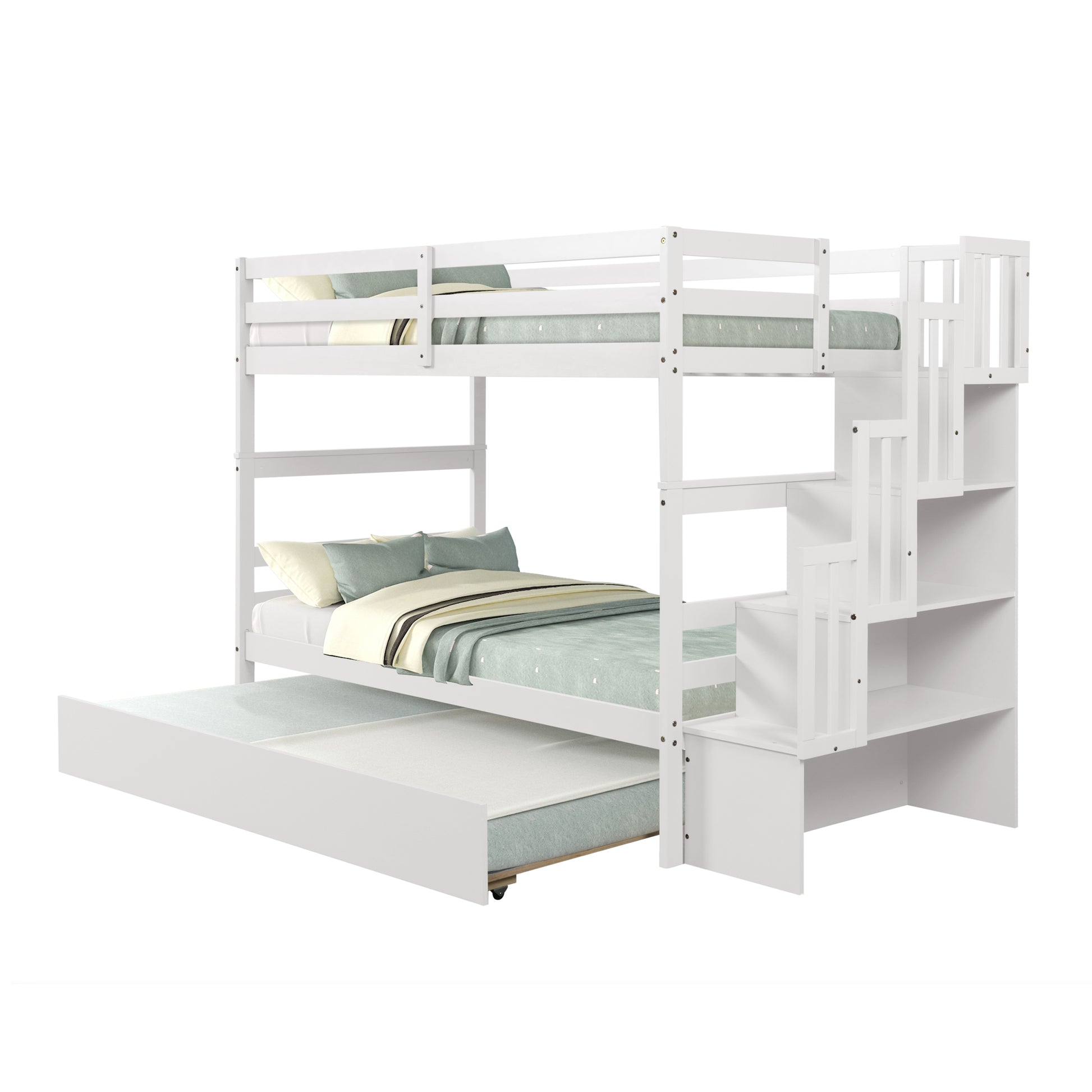 Twin Over Twin Bunk Beds With Twin Trundle And Stairway Storage Function In White Color White Pine