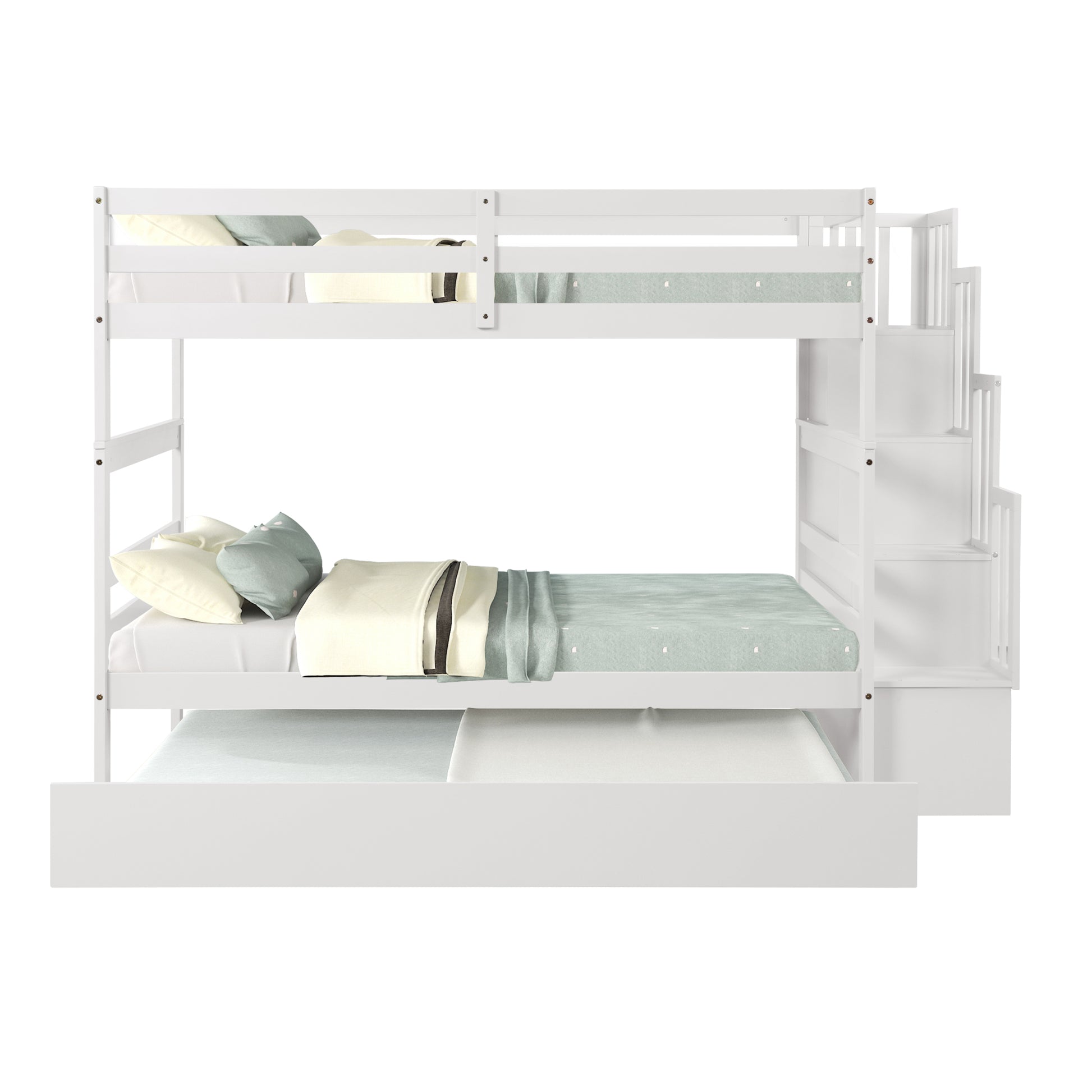 Twin Over Twin Bunk Beds With Twin Trundle And Stairway Storage Function In White Color White Pine
