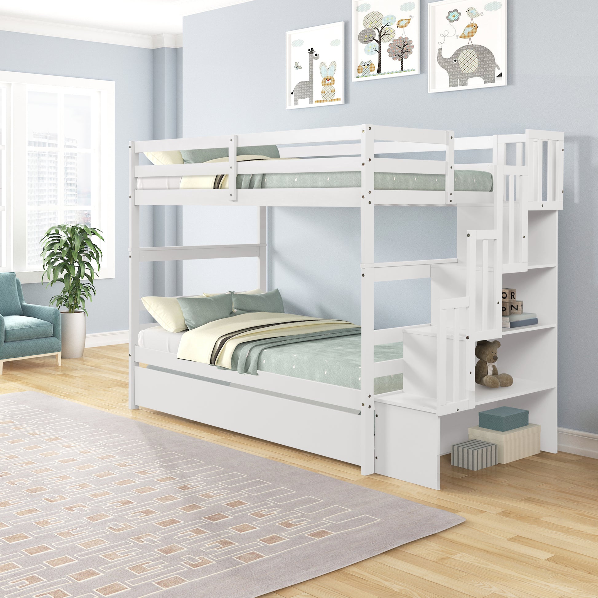 Twin Over Twin Bunk Beds With Twin Trundle And Stairway Storage Function In White Color White Pine