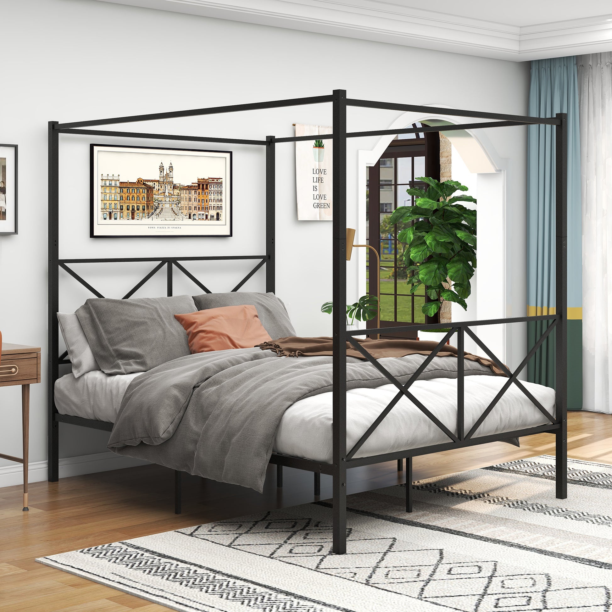 Metal Canopy Bed Frame, Platform Bed Frame Queen With X Shaped Frame Queen Black Box Spring Not Required Queen Black Metal Bedroom Bed Frame Metal