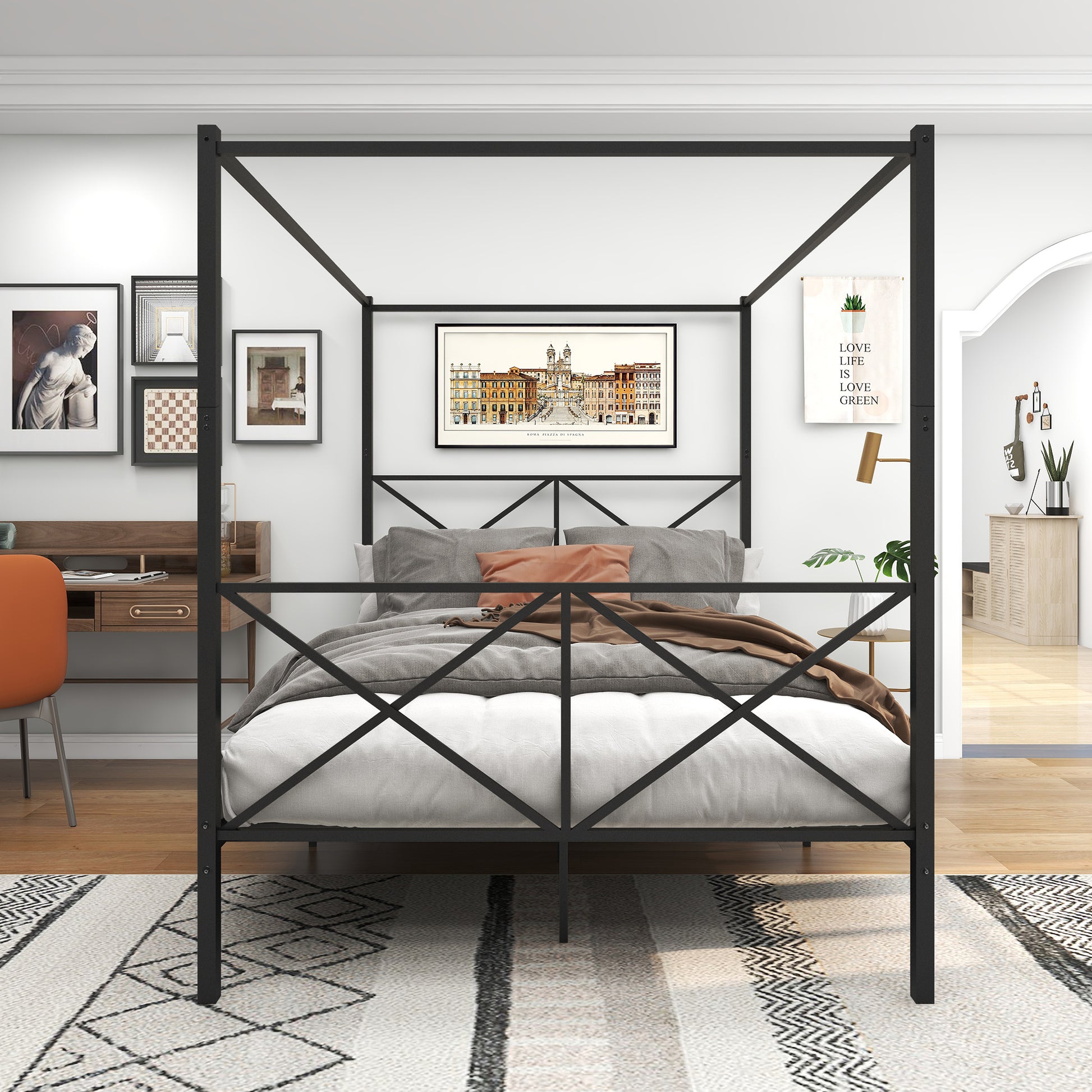 Metal Canopy Bed Frame, Platform Bed Frame Queen With X Shaped Frame Queen Black Box Spring Not Required Queen Black Metal Bedroom Bed Frame Metal