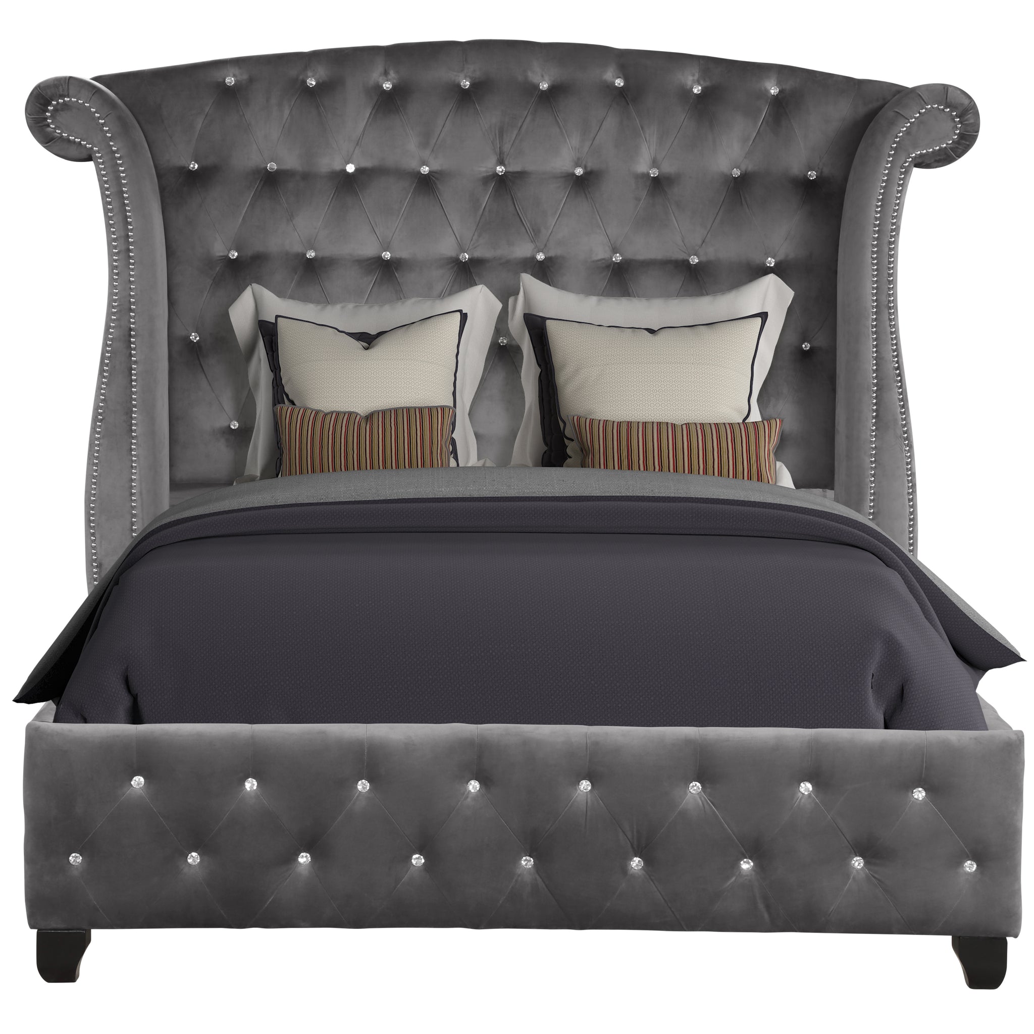 Sophia Crystal Tufted Full Bed Made With Wood In Color Gray Box Spring Not Required Full Gray Wood Bedroom Contemporary,Modern Acacia Upholstered Velvet Wood