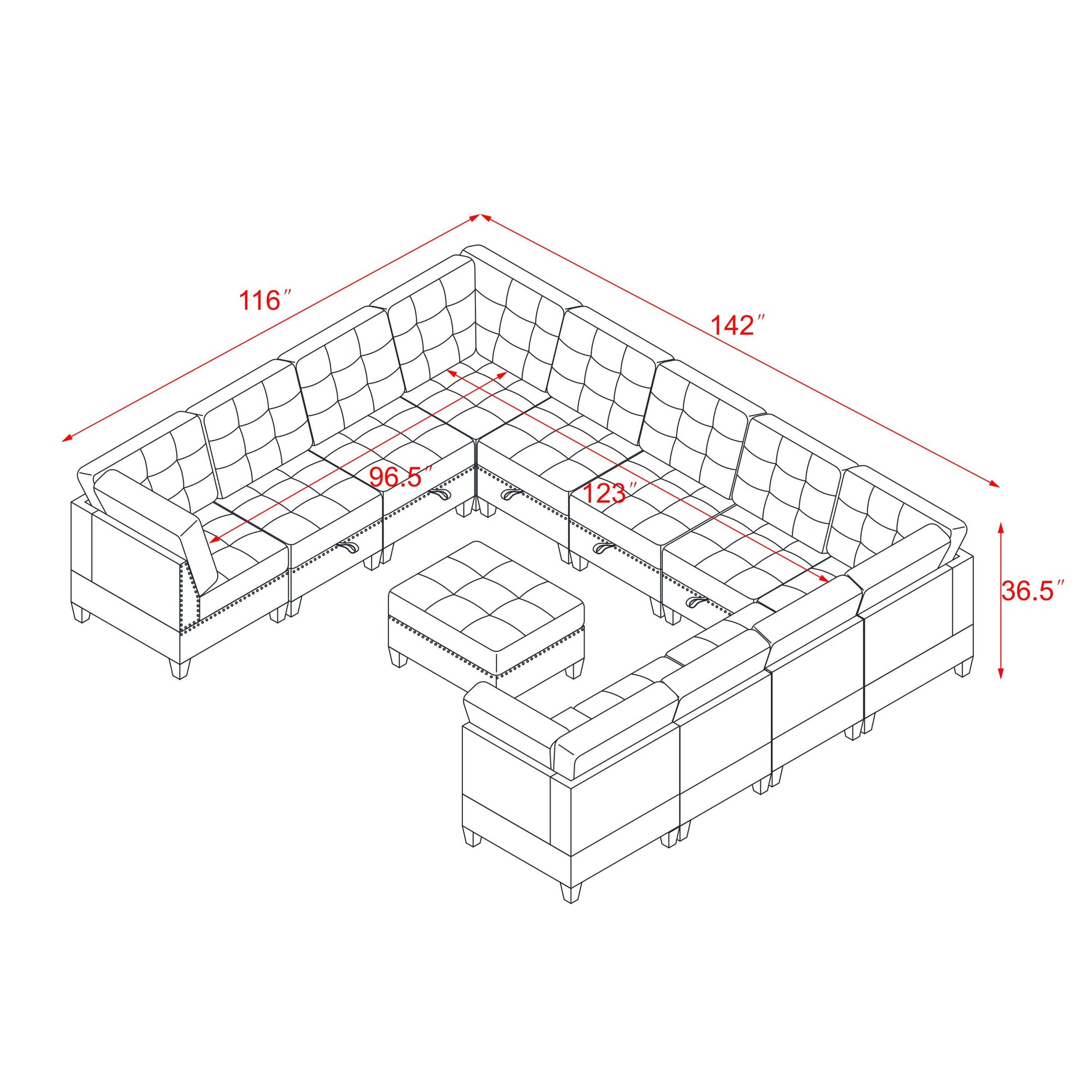 U Shape Modular Sectional Sofa,Diy Combination,Includes Seven Single Chair, Four Corner And One Ottoman,Grey Grey Plywood Chenille 10 Seat