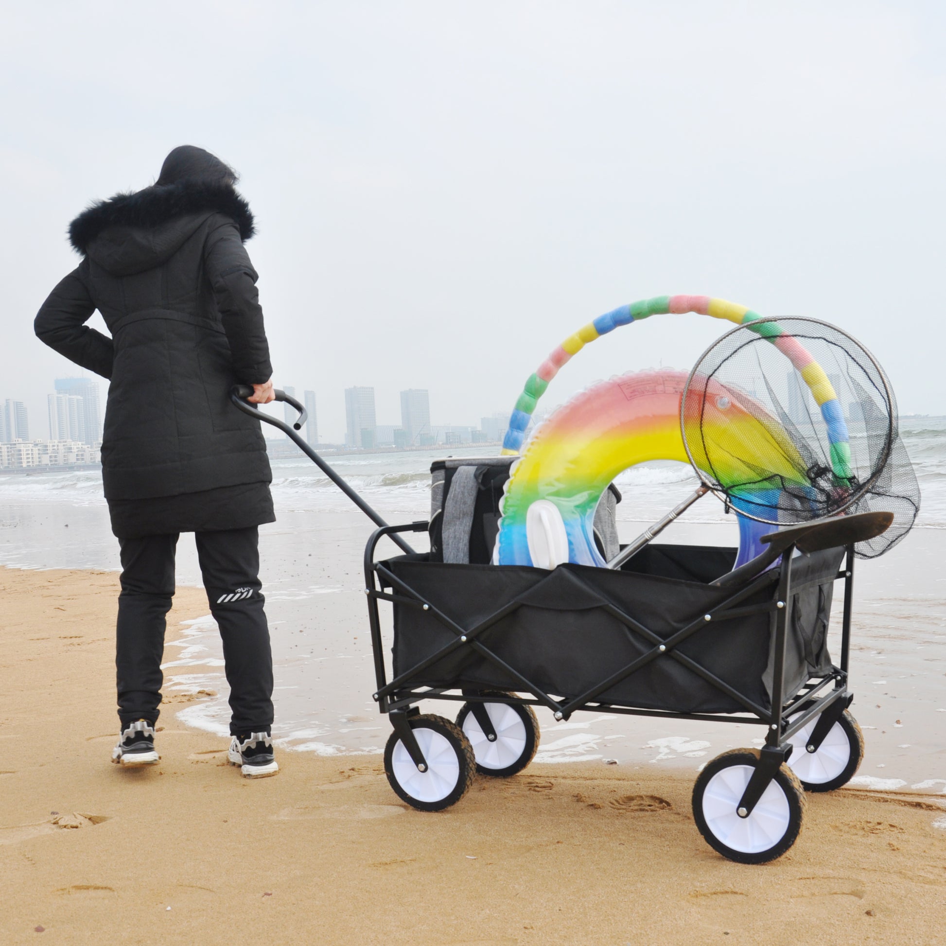Folding Wagon Garden Shopping Beach Cart Black Black Steel