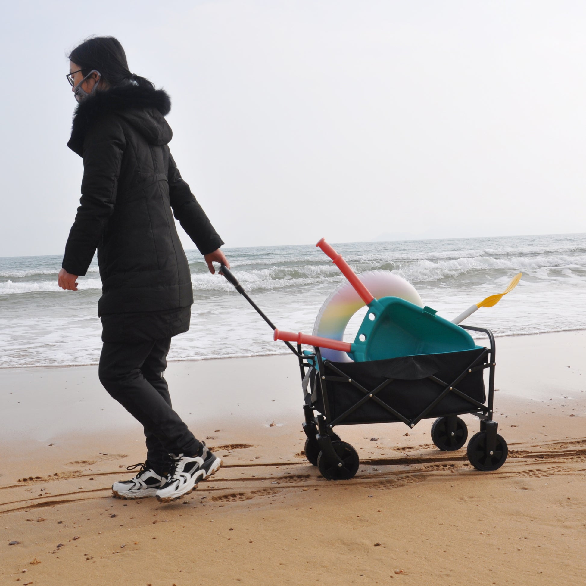Mini Folding Wagon Garden Shopping Beach Cart Black Blue Black Steel
