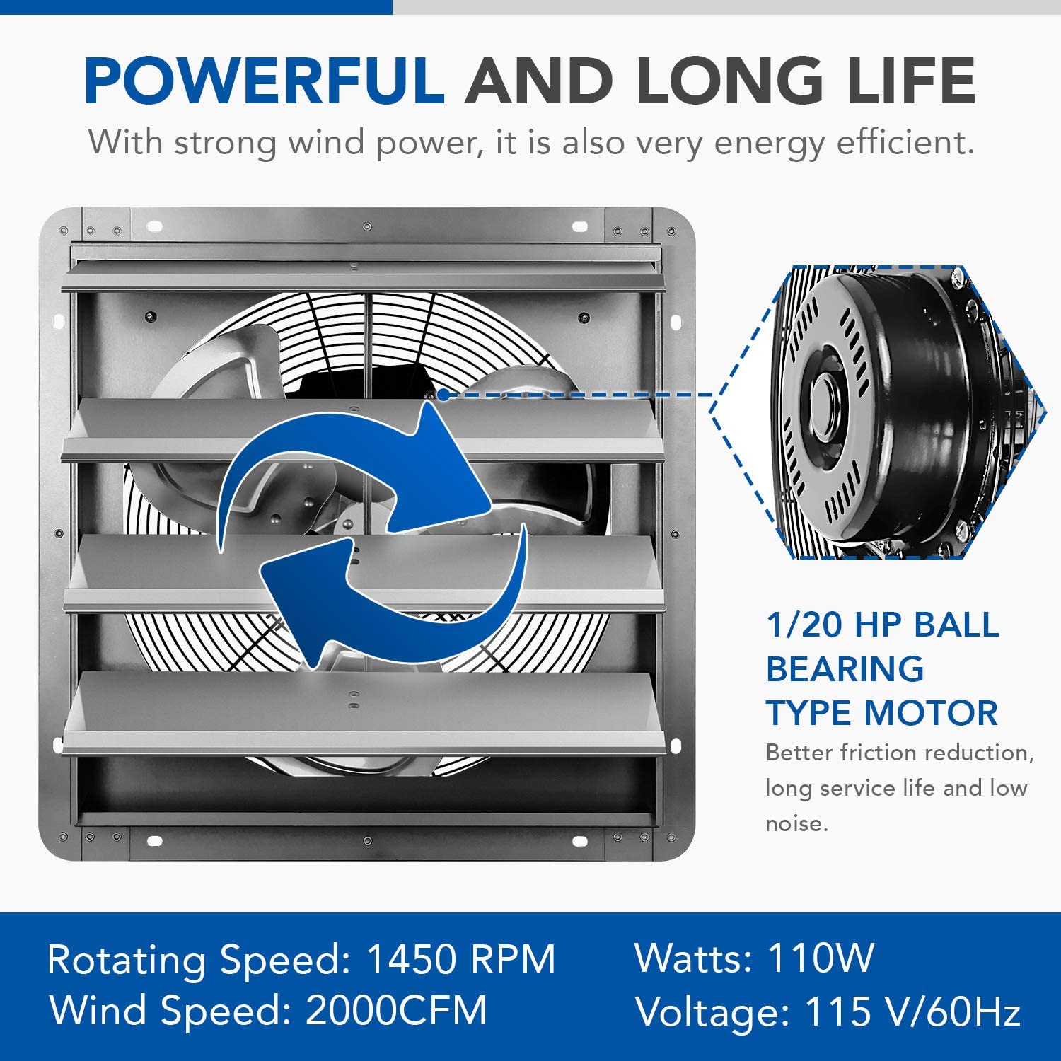 Ipower 16 Inch Shutter Exhaust Fan Aluminum,High Speed 1550Rpm, 1200 Cfm, 1 Pack, Silver Silver Aluminium
