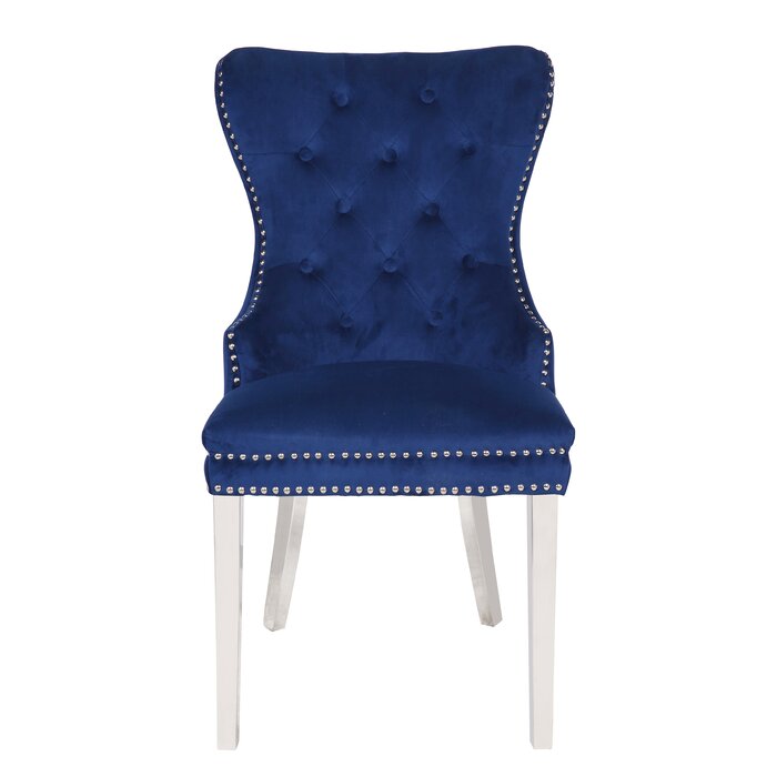 Erica 2 Piece Stainless Steel Legs Chair Finish With Velvet Fabric In Blue Acacia Wood Navy Primary Living Space Transitional Accent Chairs Tufted Back Solid Wood Mdf Stainless Steel