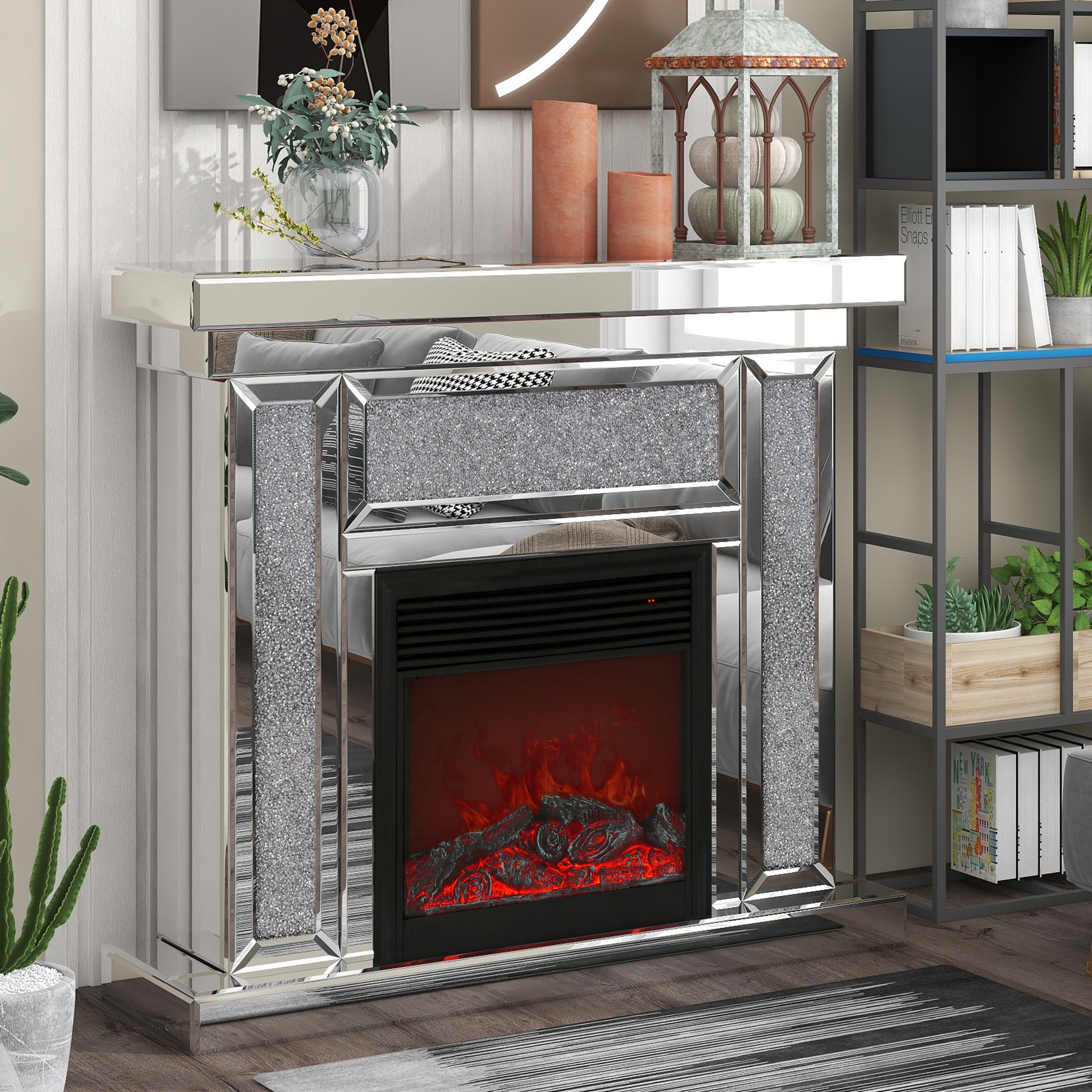 W 47 Inch X D 12.6 Inch X H 41.7 Inch Acrylic Diamond Mirror Mantelpiece, Separate Mantelpiece Built In Filling: Acrylic High Imitation Drill, 1500 W Electric Heating Furnace Powder Coated Electric Primary Living Space Yes Freestanding Electric Up To 40